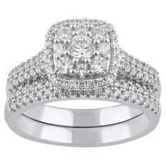 TJD 1,0 carati di diamante a taglio brillante in oro bianco 14 carati, anello nuziale con cornice a cuscino