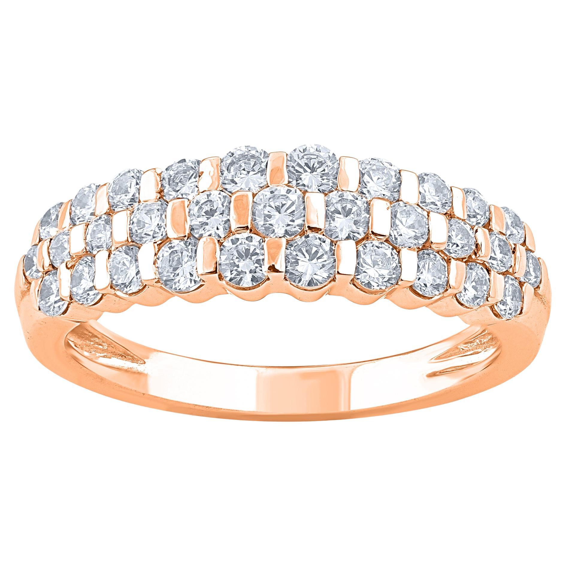 TJD 1.0 Carat Brilliant Cut Diamond 14KT Rose Gold Three Row Wedding Band Ring (anneau de mariage à trois rangs en or rose)