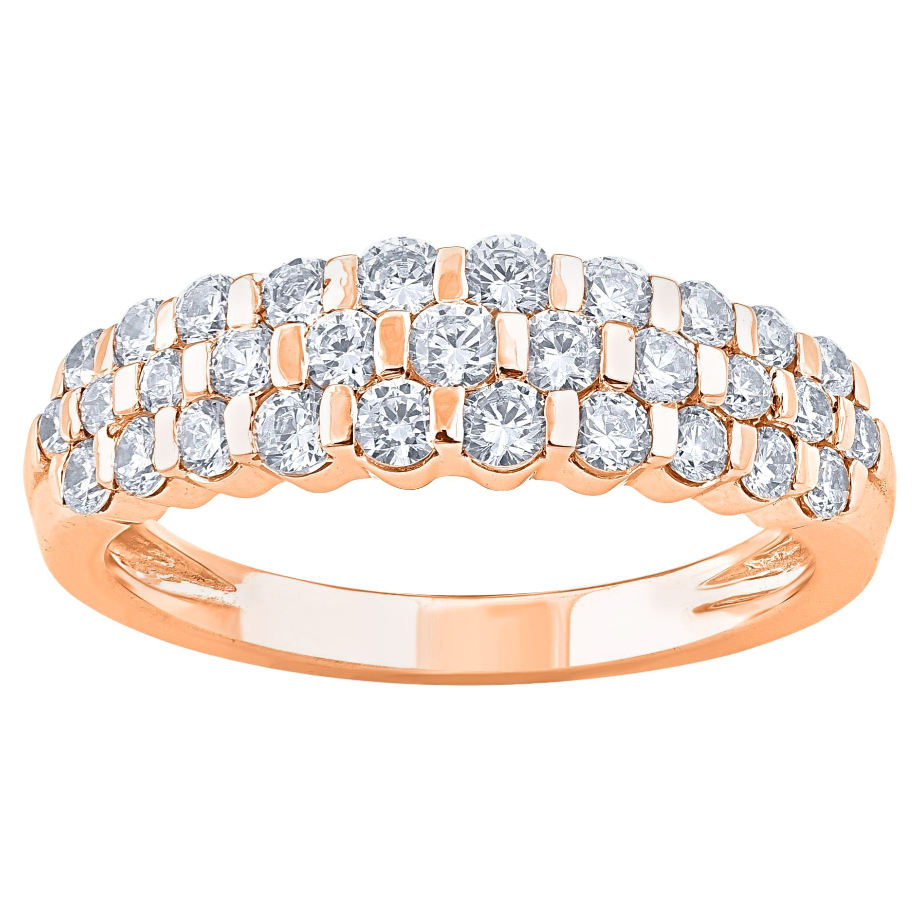 TJD 1.0 Carat Brilliant Cut Diamond 14KT Rose Gold Three Row Wedding Band Ring