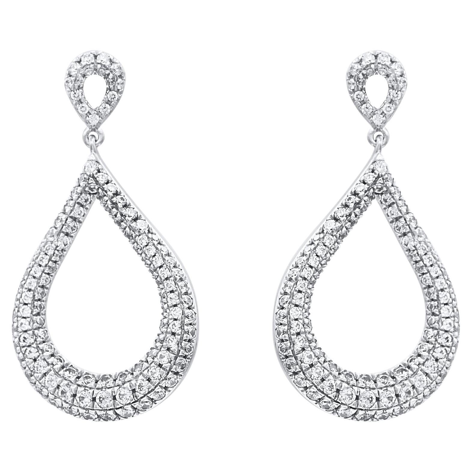 TJD 1.0 Carat Brilliant Cut Diamond 18 Karat White Gold Teardrop Dangle Earrings For Sale