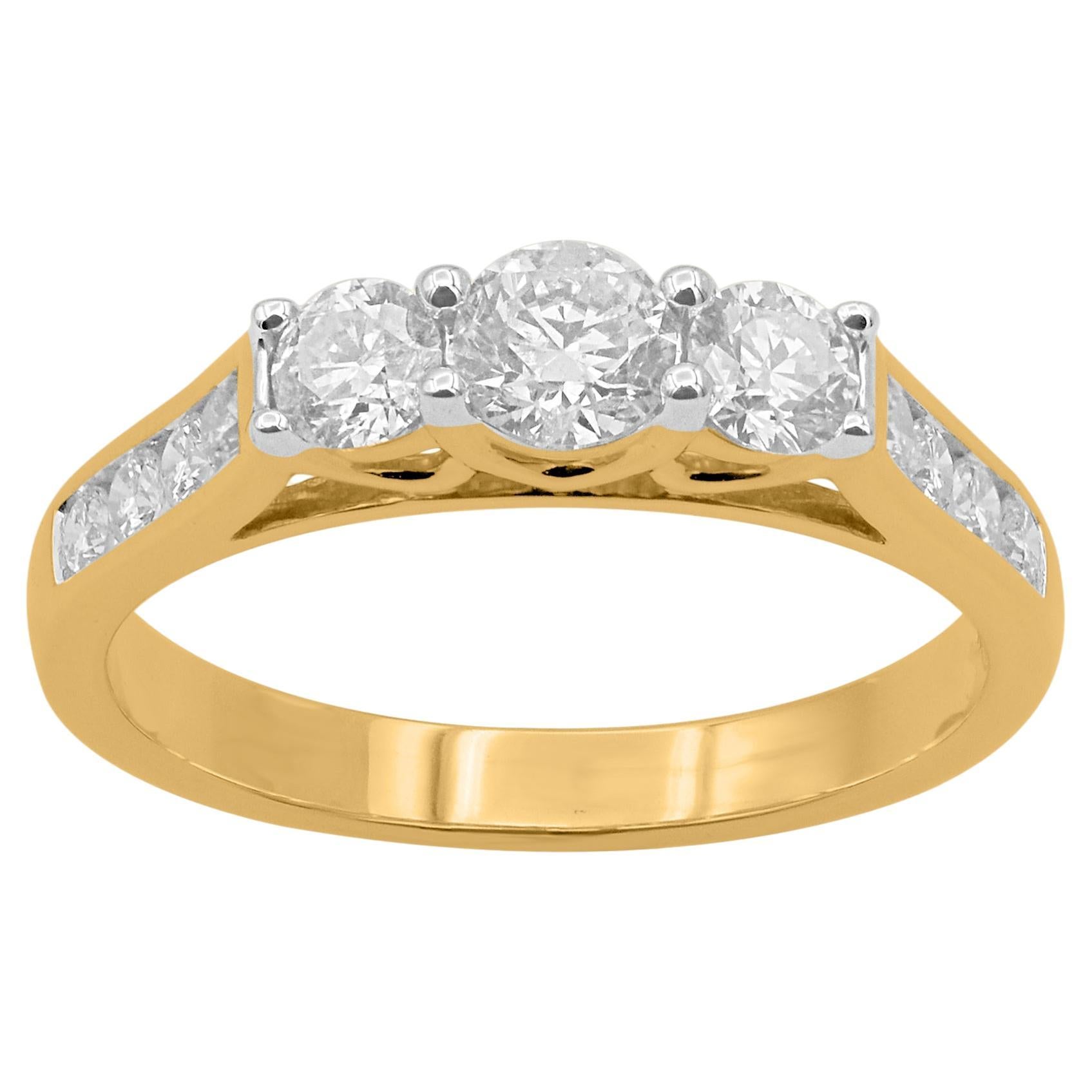 TJD 1.0 Carat Brilliant Cut Diamond Three Stone Wedding Ring 18KT Yellow Gold For Sale