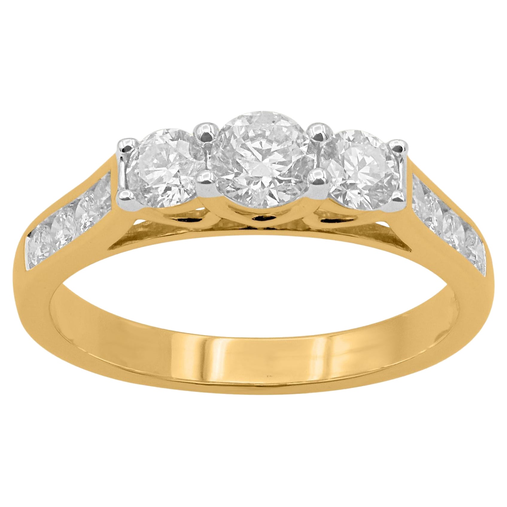 TJD 1.0 Carat Brilliant Cut Diamond Three Stone Wedding Ring 18KT Yellow Gold