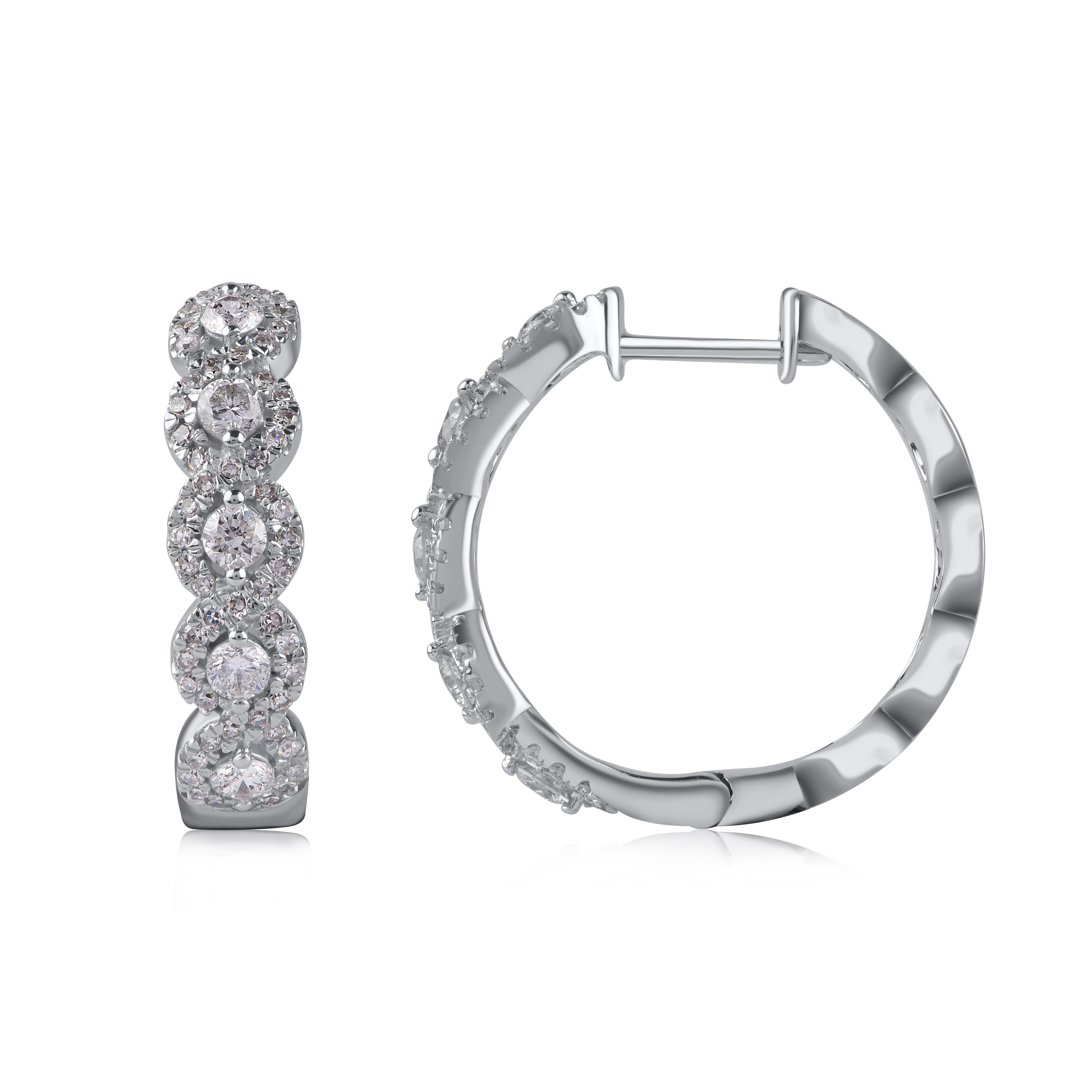 Contemporary TJD 1.0 Carat Brilliant Cut Natural Diamond 14KT White Gold Huggie Hoop Earrings For Sale