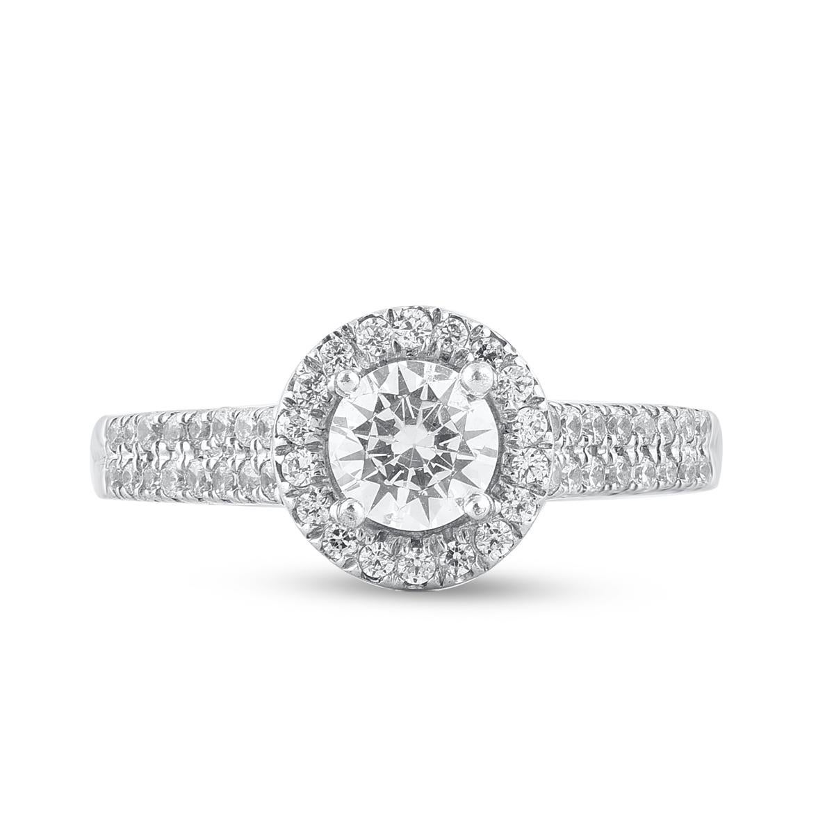 Express your love for her in the most classic way with this halo ring. This ring is expertly crafted in 14 Karat white gold and features of this ring brilliant cut 51 diamond set in pave setting. Total diamond weight is 1.0 carat. The diamonds are