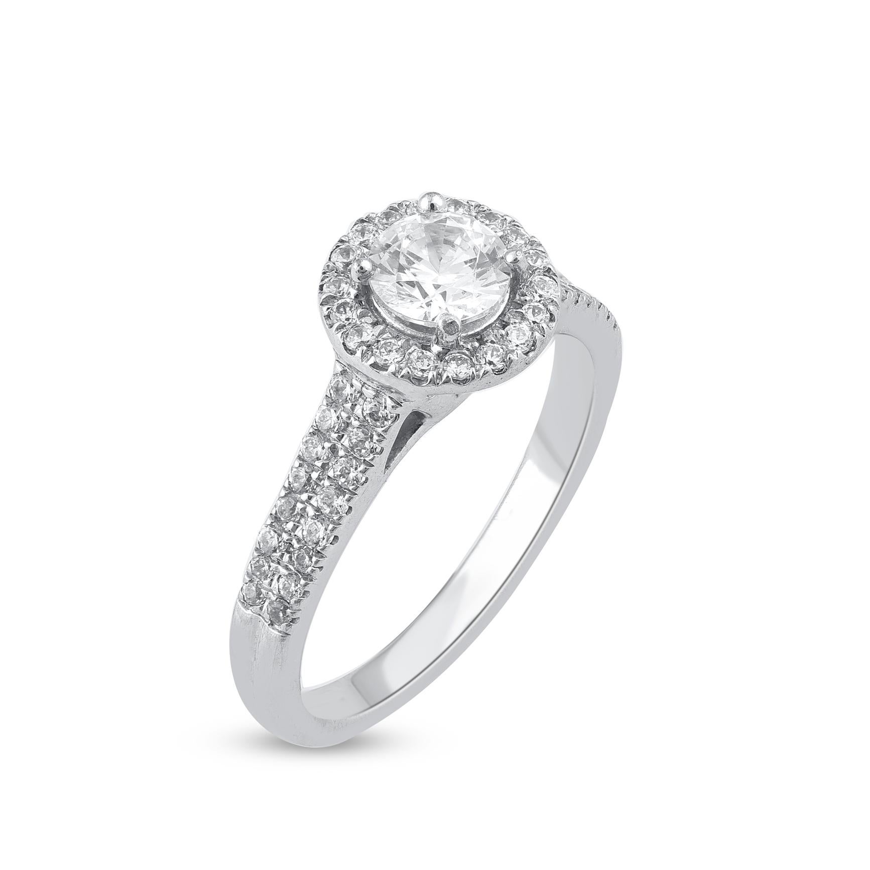 Contemporary TJD 1.0 Carat Brilliant Cut Round Diamond 14KT White Gold Halo Engagement Ring For Sale