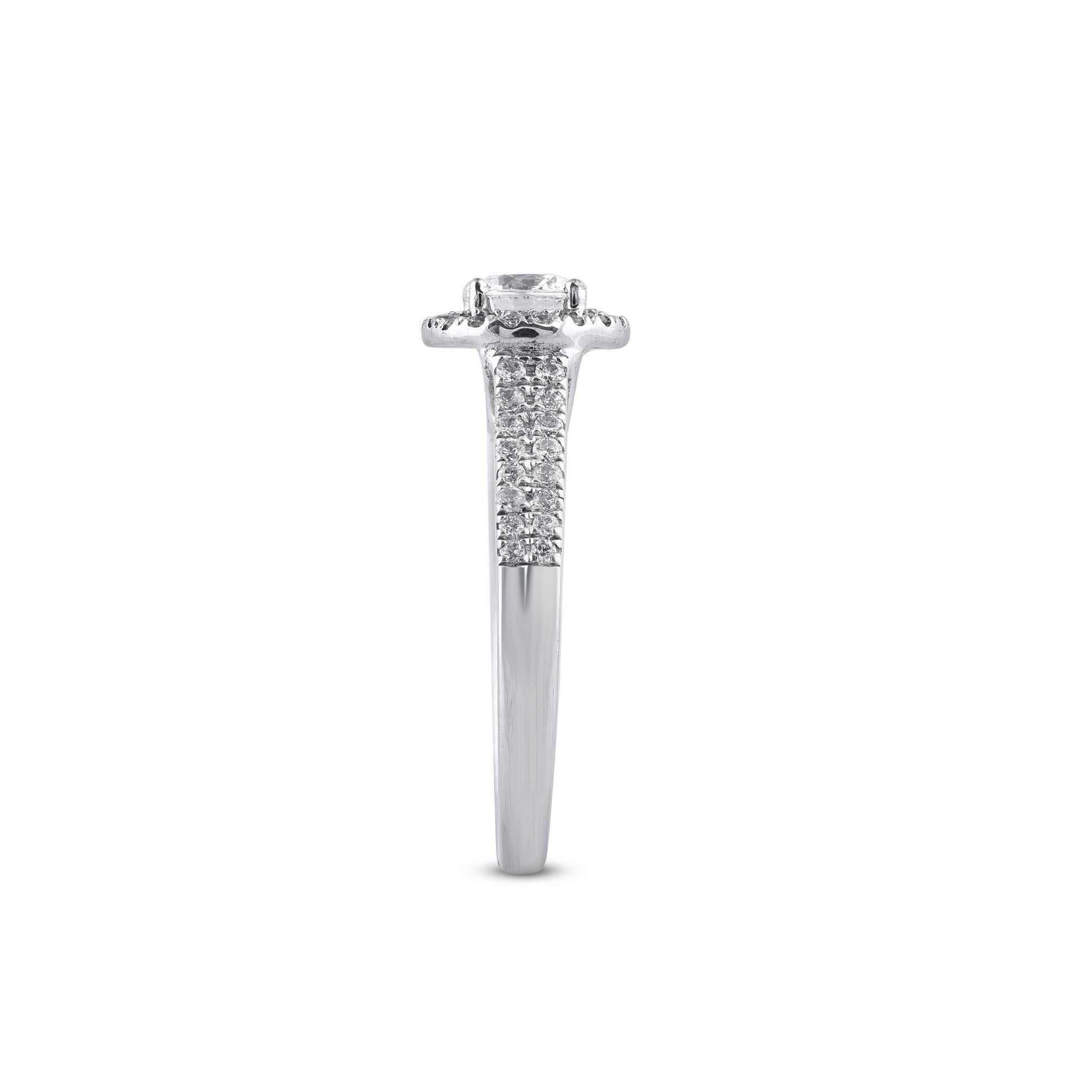 TJD 1.0 Carat Brilliant Cut Round Diamond 14KT White Gold Halo Engagement Ring In New Condition For Sale In New York, NY