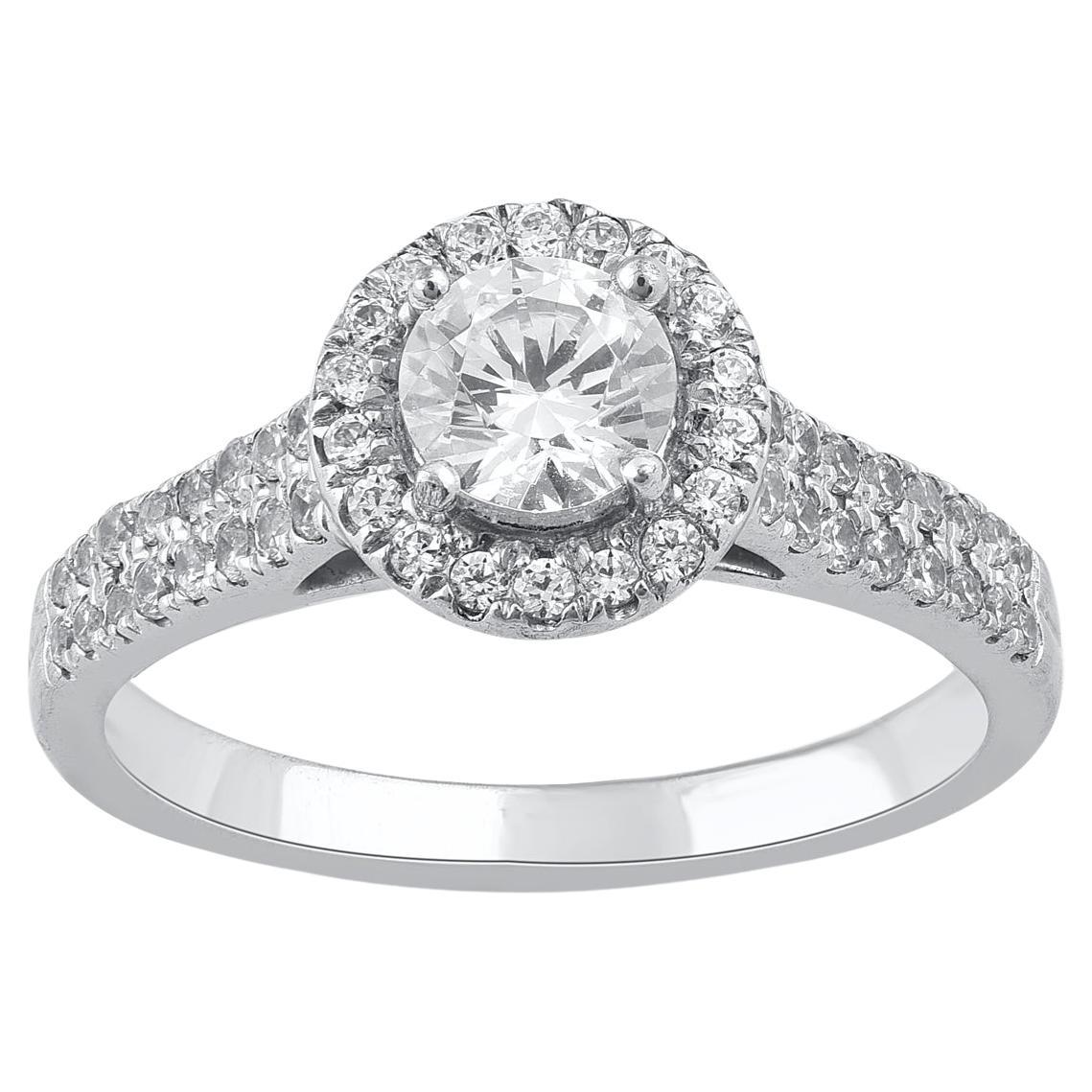 TJD 1.0 Carat Brilliant Cut Round Diamond 14KT White Gold Halo Engagement Ring For Sale