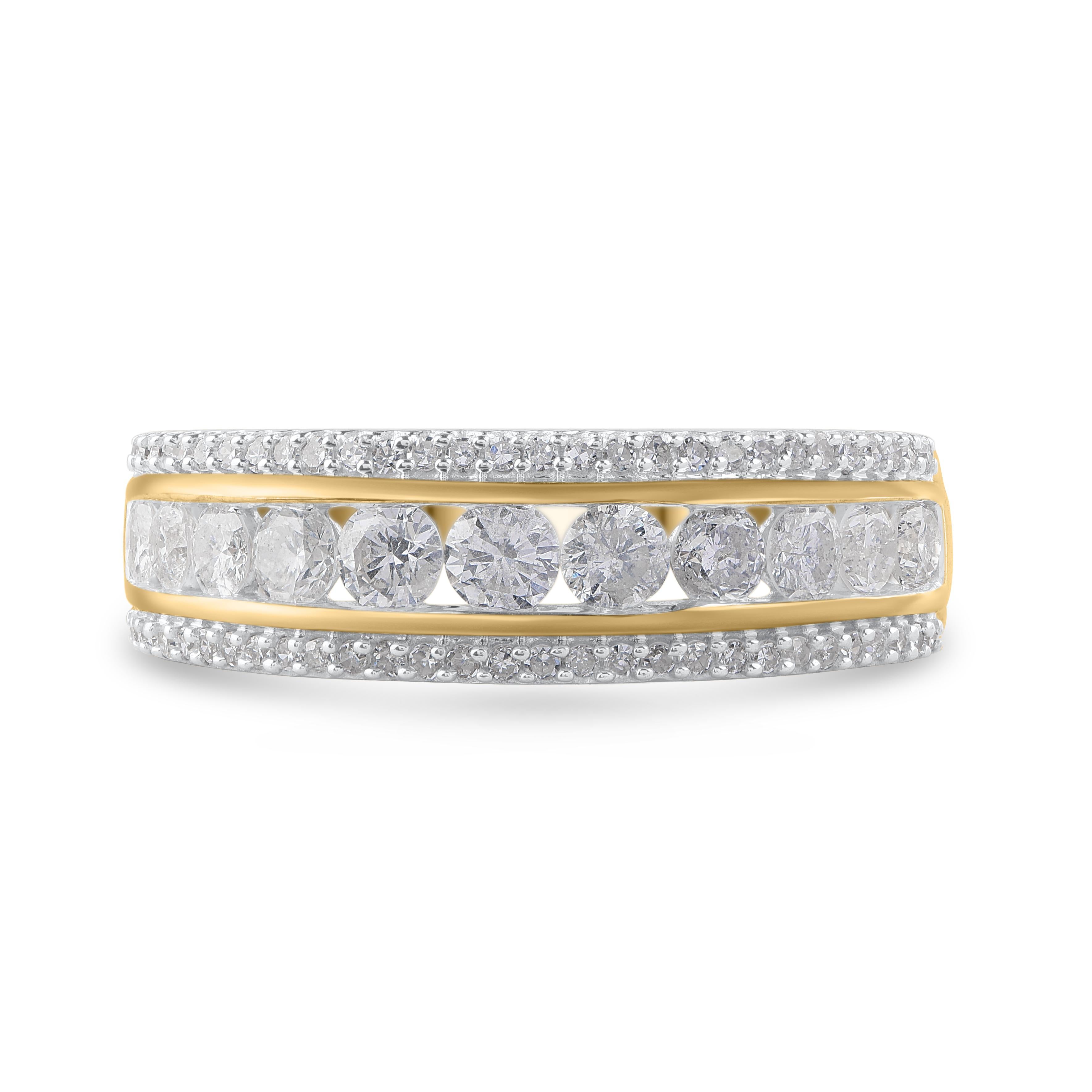 Contemporain Bague d'anniversaire/de mariage à trois rangées en or jaune 10 carats avec diamants de 1,0 carat TJD en vente