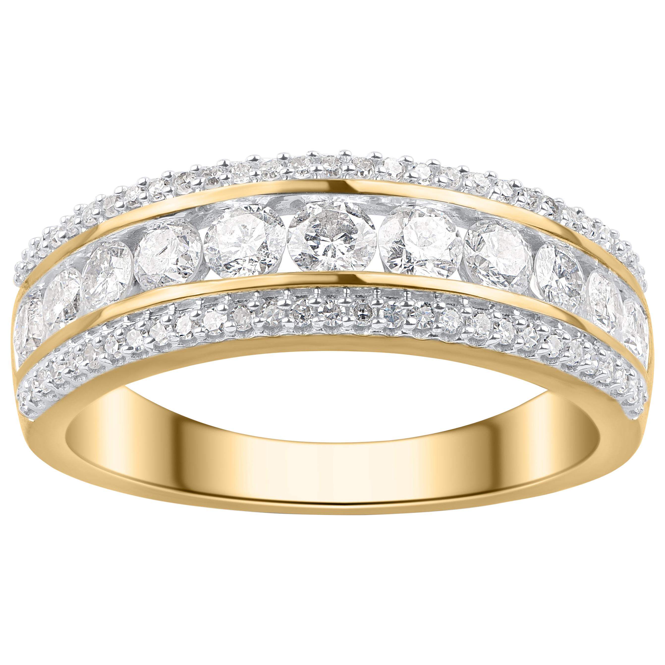 TJD Anillo de boda/aniversario de tres filas de oro amarillo de 10 quilates con un diamante de 1,0 quilates