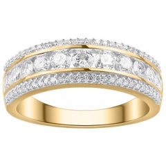 Bague d'anniversaire/de mariage à trois rangées en or jaune 10 carats avec diamants de 1,0 carat TJD