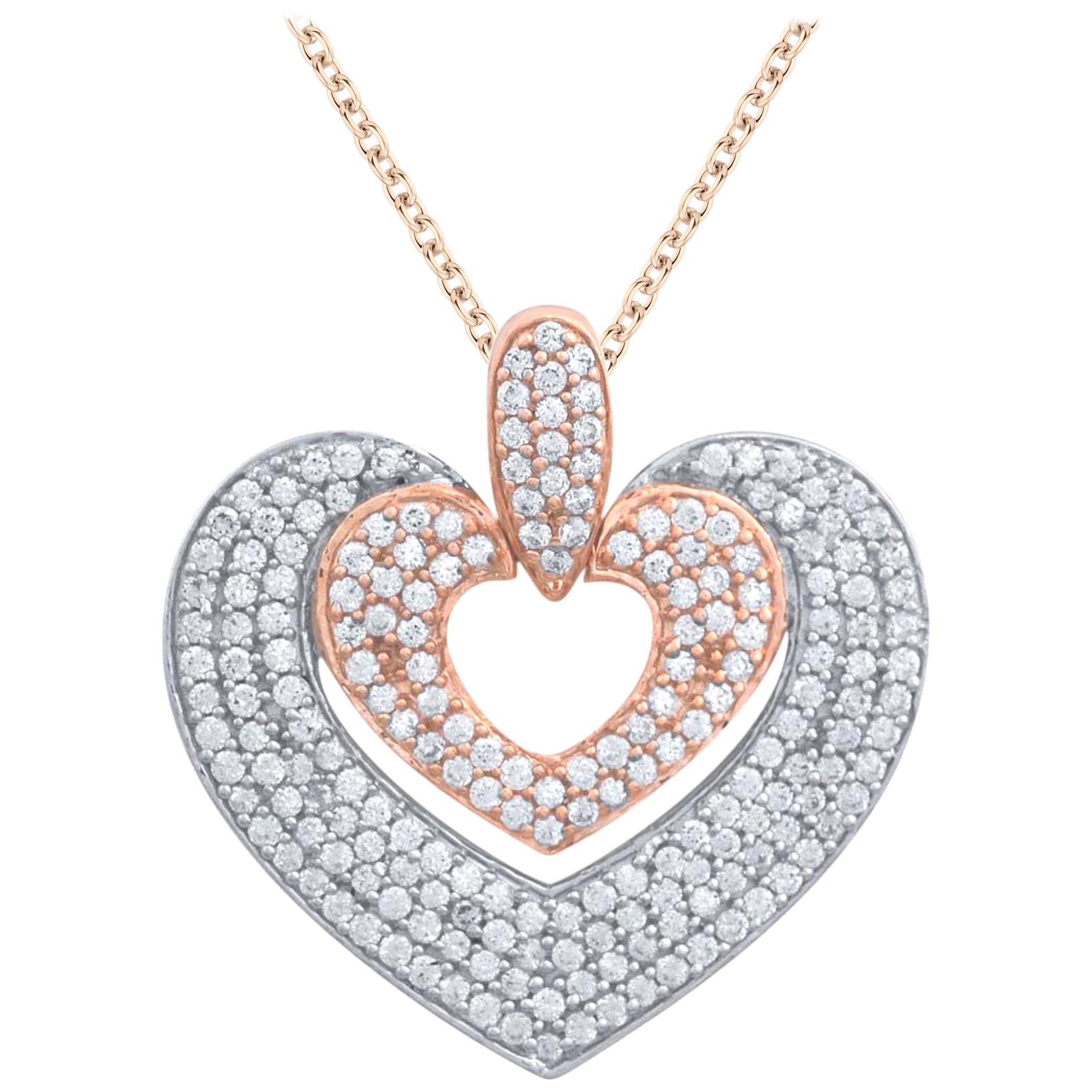TJD 1.0 Carat Diamond 14 Karat Rose Gold Double Heart Pendant with 18 inch chain