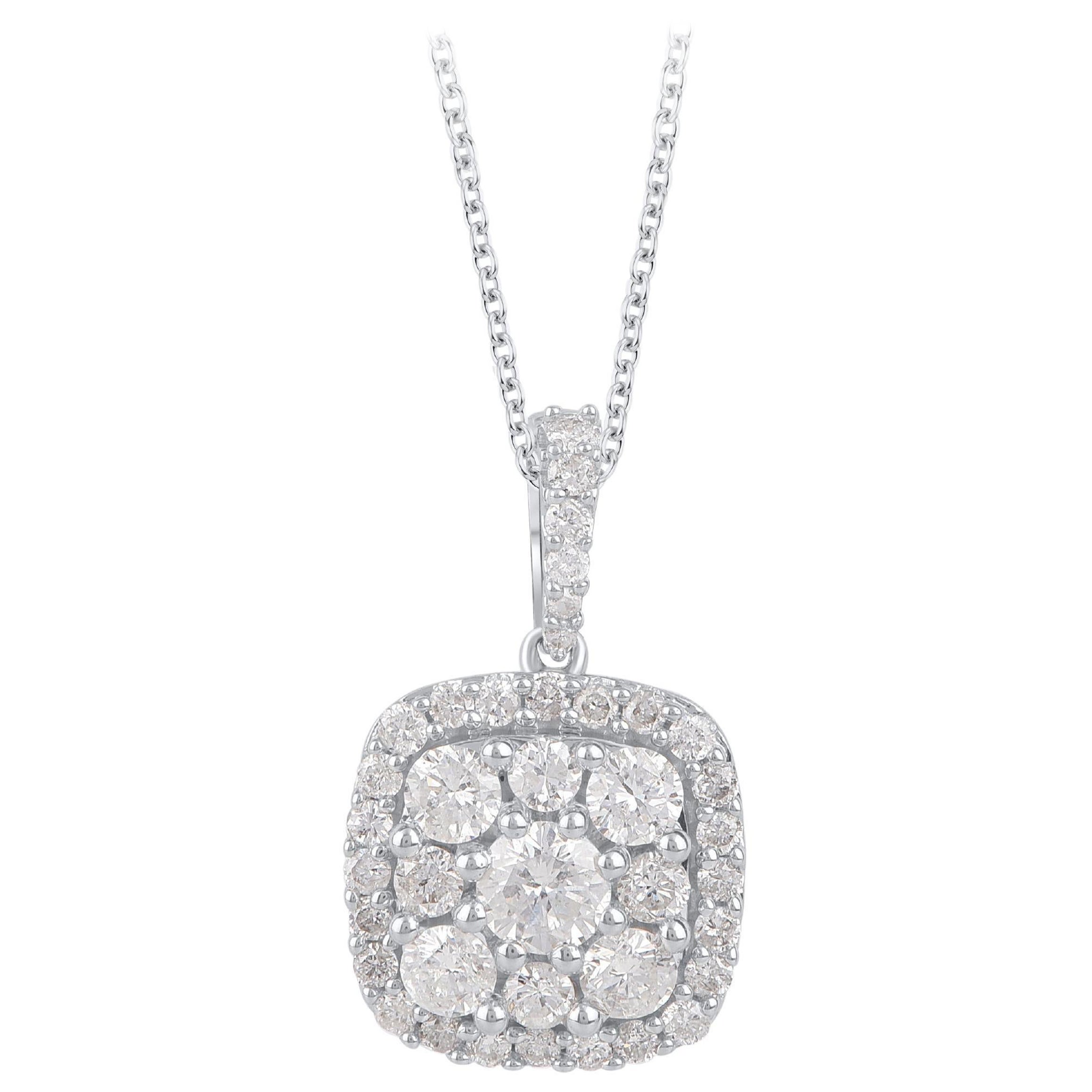 TJD 1.0 Carat Diamond 14 Karat White Gold Cushion Shaped Cluster Pendant