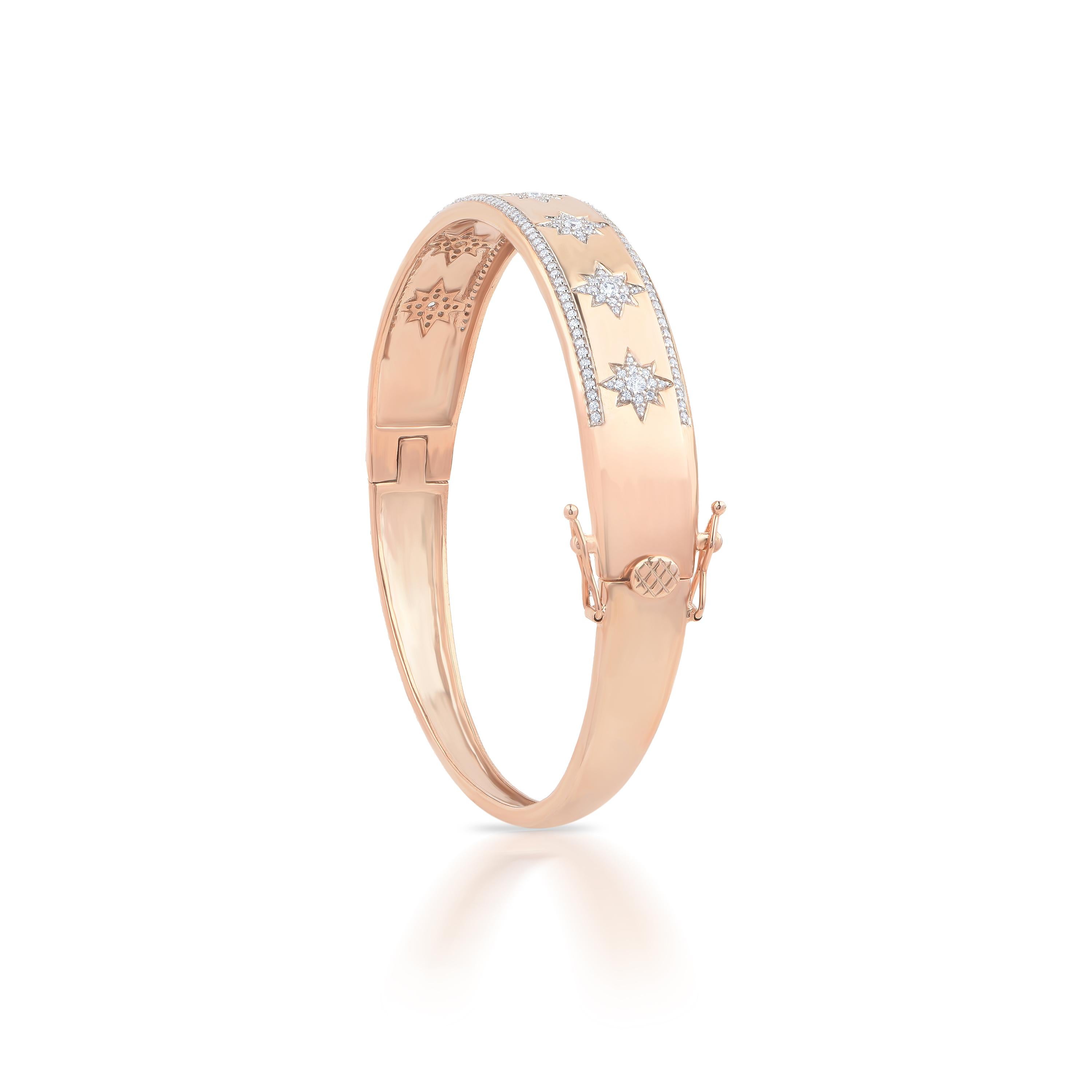 Taille ronde Bracelet jonc à charnière multi-étoiles en or rose 18 carats avec diamants de 1,0 carat TJD en vente
