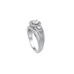 TJD 1.0 Carat Diamond 18 Karat White Gold 3 Stone Multi Row Engagement Ring