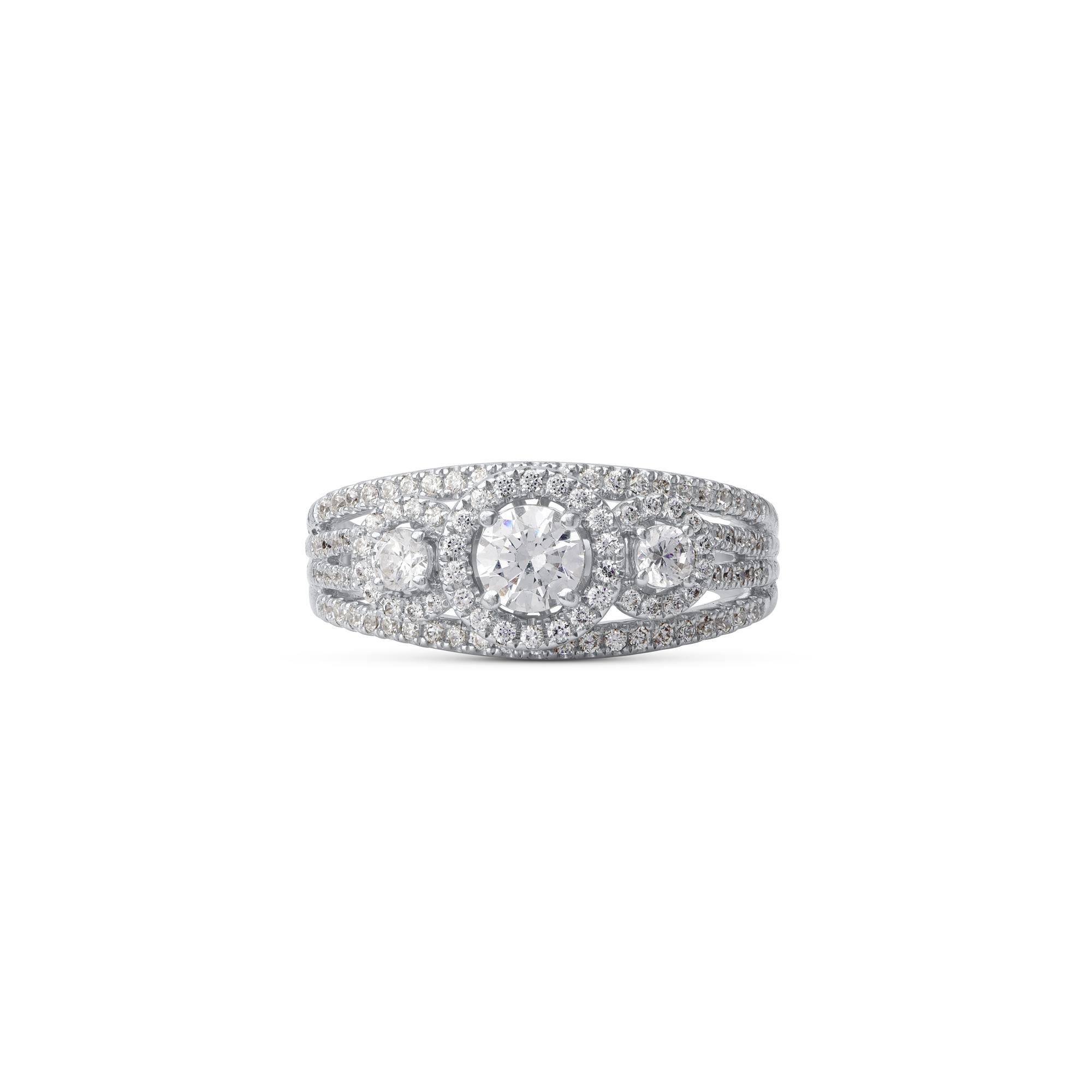 Moderno TJD Anello di fidanzamento a più file con diamante da 1,0 carati in oro bianco da 18 carati in vendita