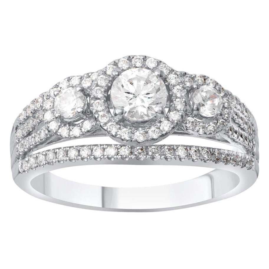 TJD 1.0 Carat Diamond 18 Karat White Gold 3 Stone Multi Row Engagement Ring