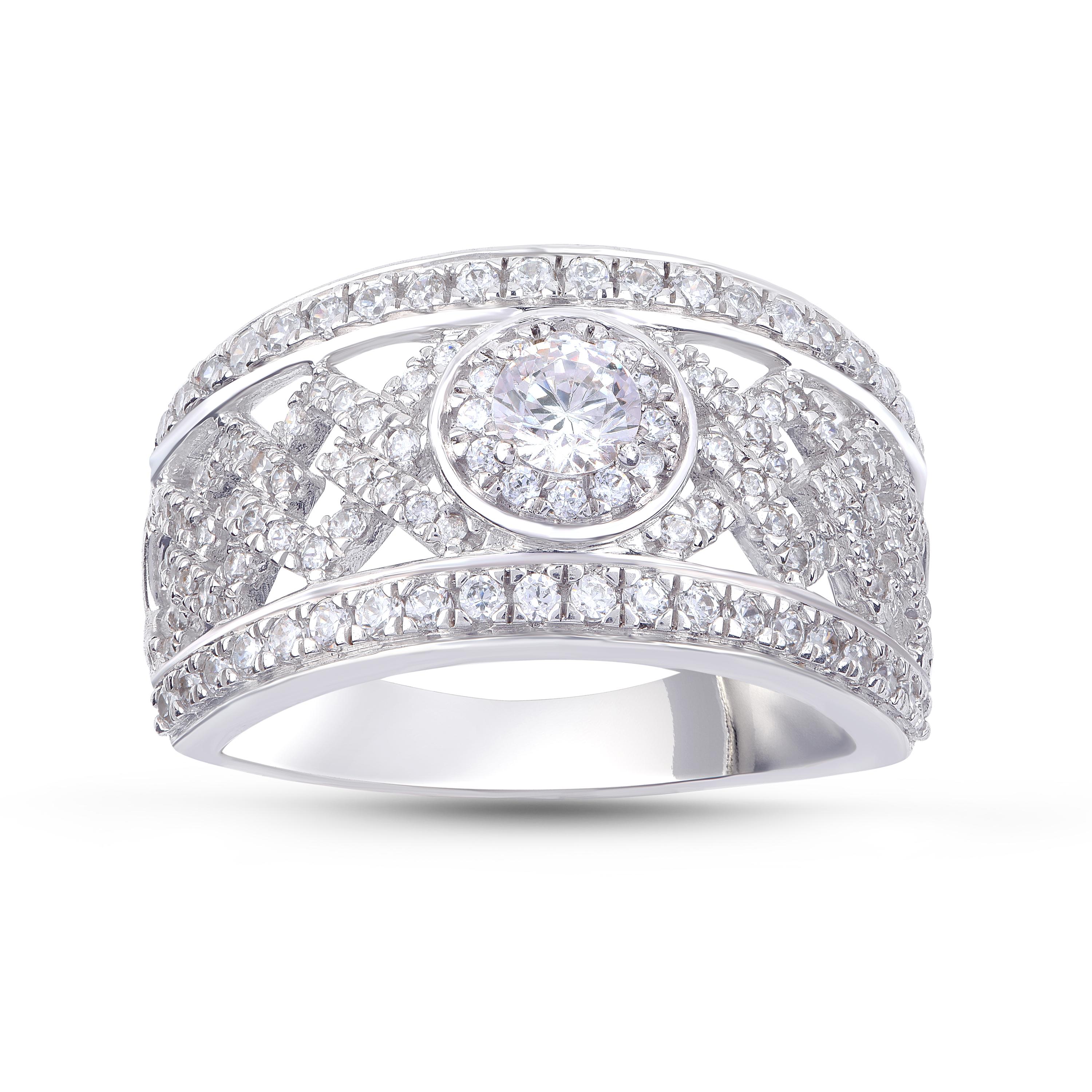 A flawless fusion of brilliant cut diamonds and white gold. The ring is handcrafted by our in-house experts in 18-karat white gold and studded with 123 brilliant diamond in prong and micro-prong setting. Diamonds are graded HI Color, I1 Clarity.