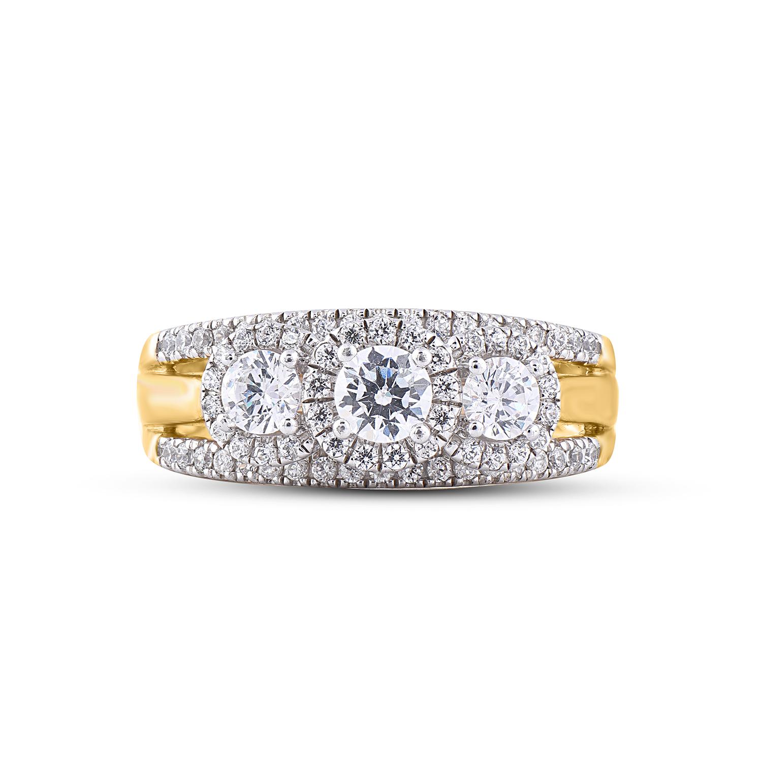 Art Deco TJD 1.0 Carat Diamond 18 Karat Yellow Gold 3 Stone Vintage Engagement Ring For Sale