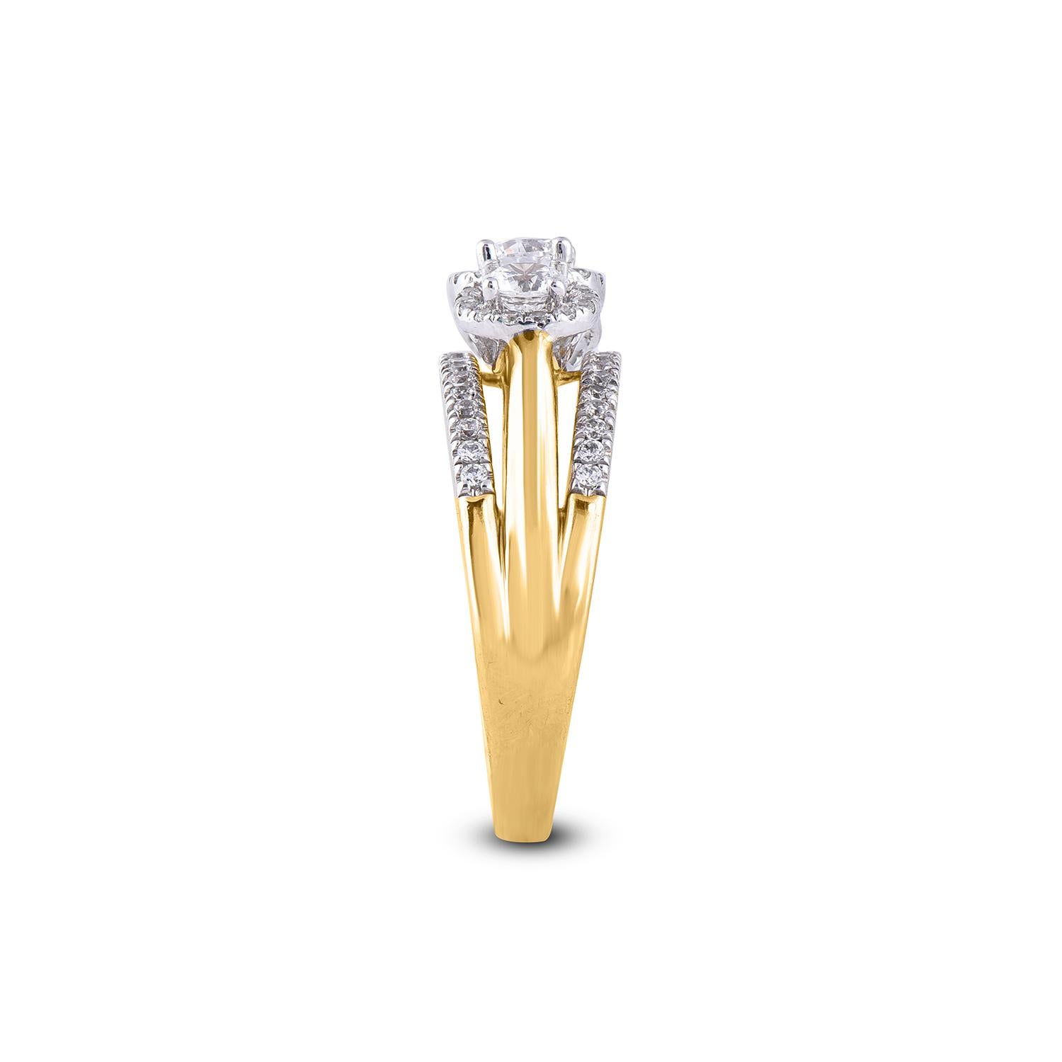 Round Cut TJD 1.0 Carat Diamond 18 Karat Yellow Gold 3 Stone Vintage Engagement Ring For Sale