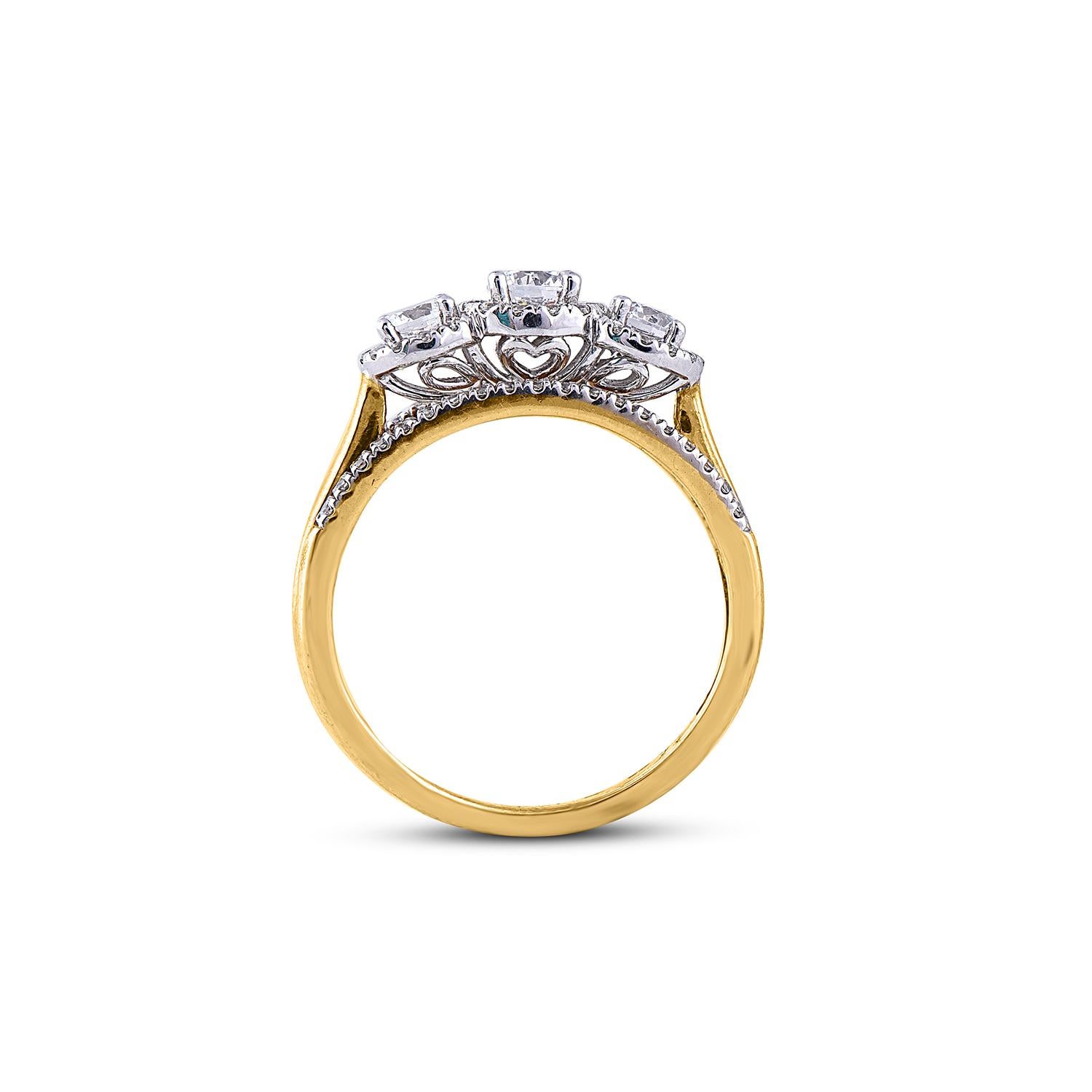 TJD 1.0 Carat Diamond 18 Karat Yellow Gold 3 Stone Vintage Engagement Ring In New Condition For Sale In New York, NY