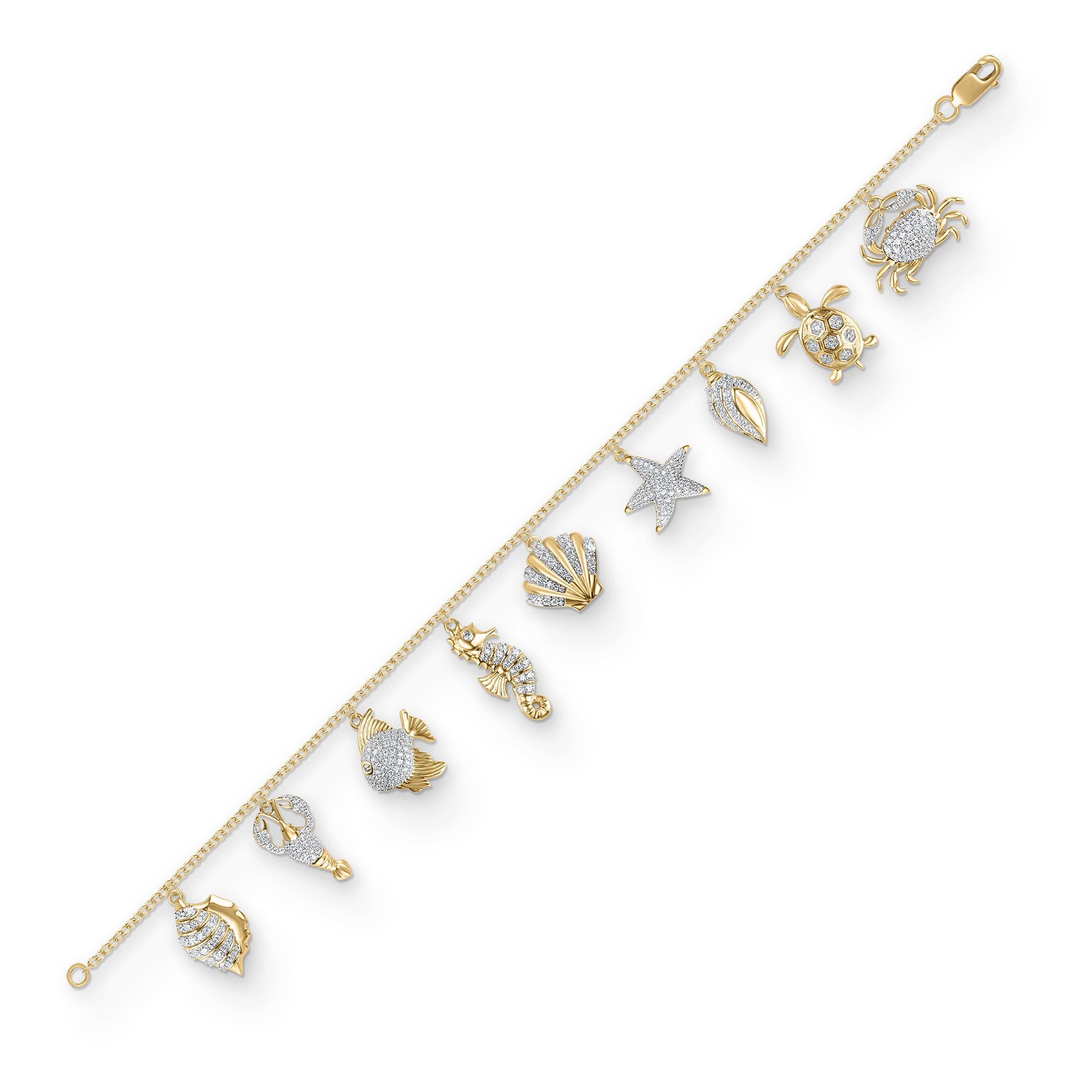 This charm bracelet is studded with 285 natural  diamonds, in pave setting and crafted 18-karat yellow gold. The diamonds are graded H-I Color, I1 Clarity. The length of the bracelet is 7.25 inches.