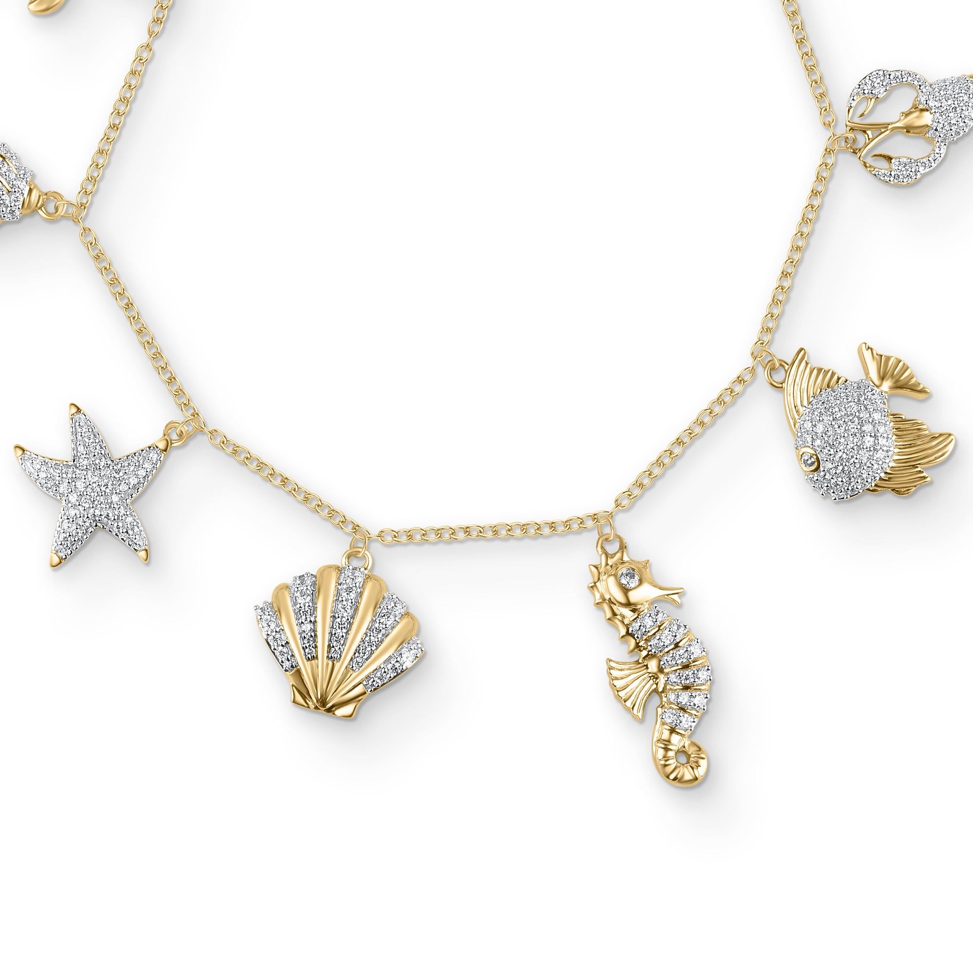 Round Cut TJD 1.0 Carat Diamond 18 Karat Yellow Gold Aquatic Life Charm Bracelet For Sale