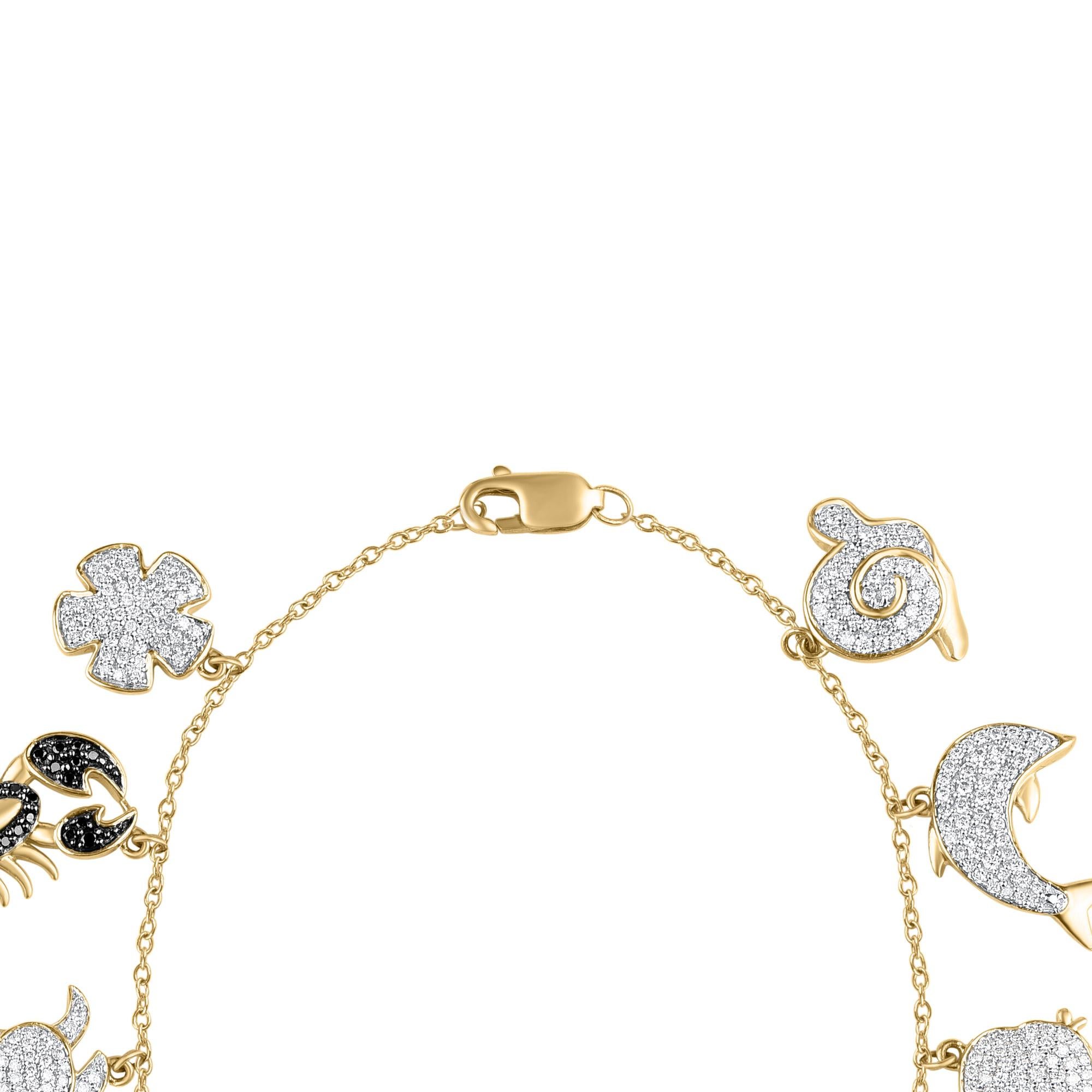 Round Cut TJD 1.0 Carat Diamond 18 Karat Yellow Gold Aquatic Life Charm Bracelet For Sale