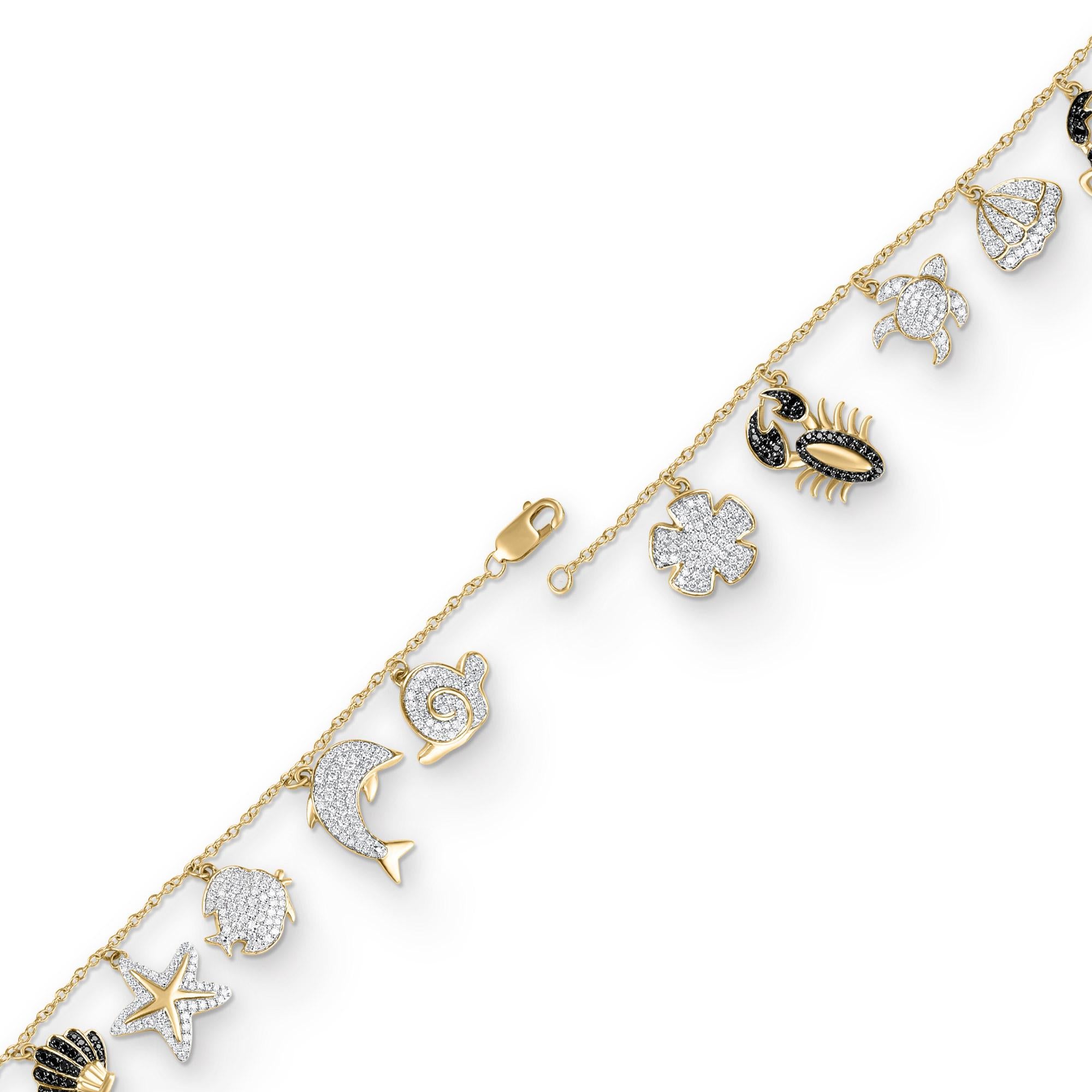 TJD 1.0 Carat Diamond 18 Karat Yellow Gold Aquatic Life Charm Bracelet In New Condition For Sale In New York, NY