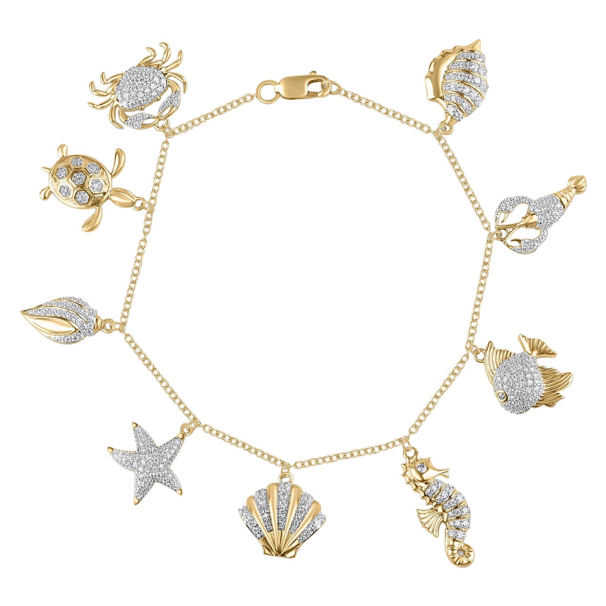 TJD 1.0 Carat Diamond 18 Karat Yellow Gold Aquatic Life Charm Bracelet For Sale