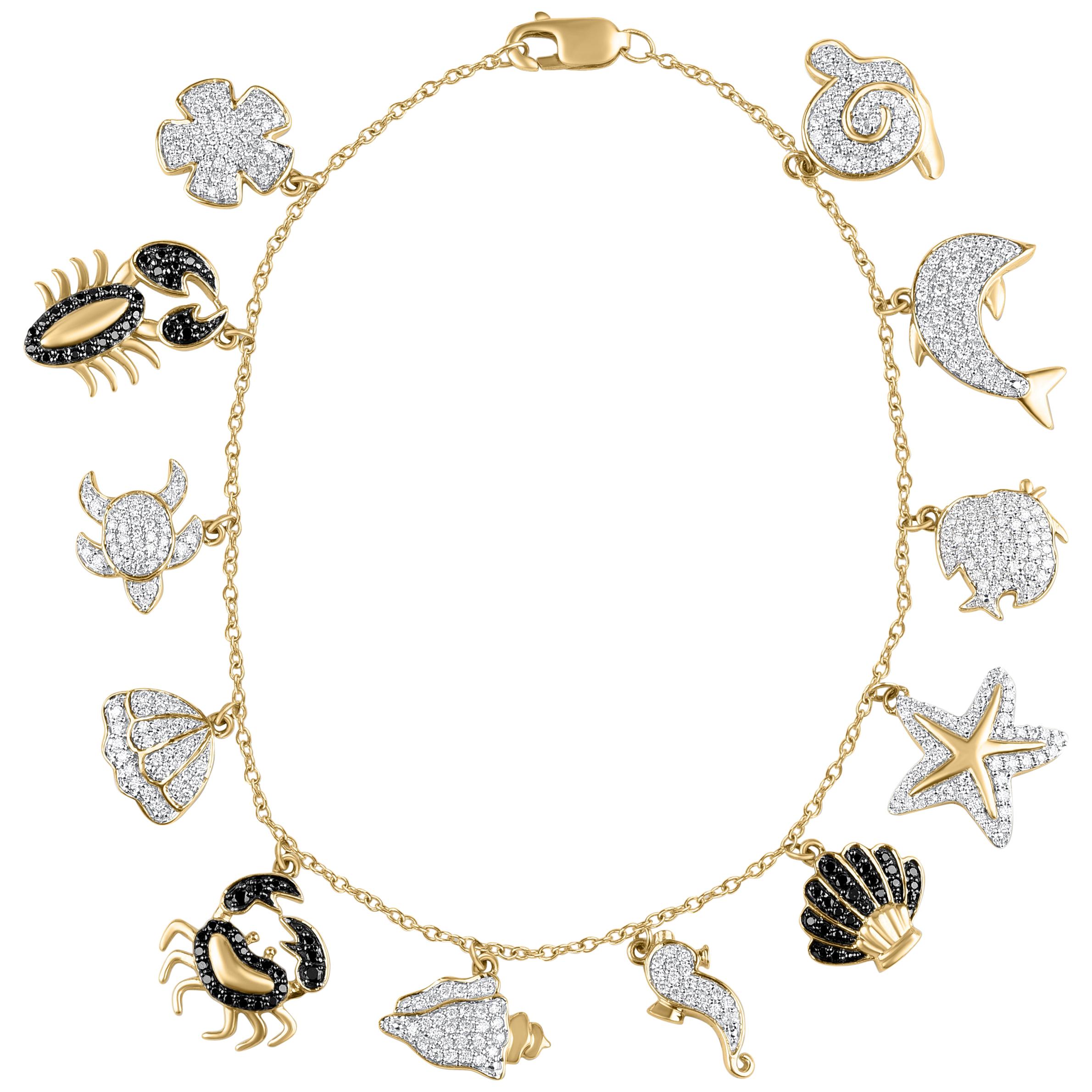 TJD 1.0 Carat Diamond 18 Karat Yellow Gold Aquatic Life Charm Bracelet