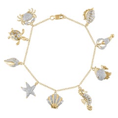 TJD 1.0 Carat Diamond 18 Karat Yellow Gold Aquatic Life Charm Bracelet