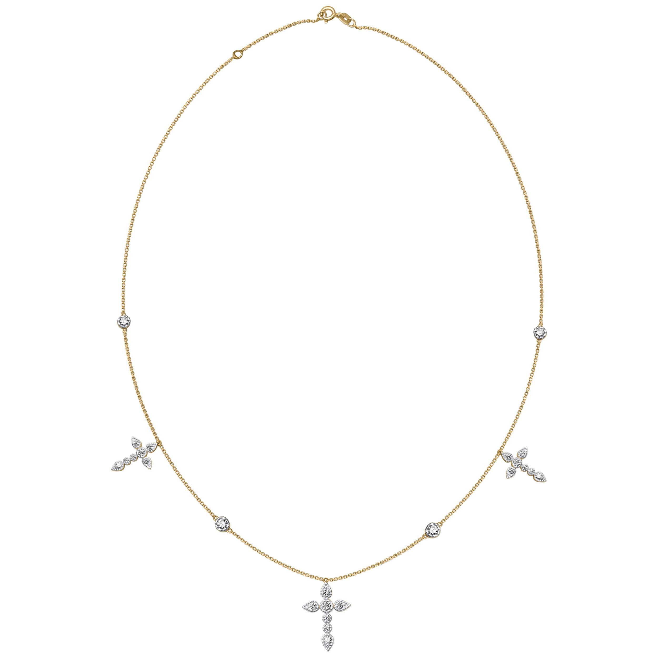 TJD 1.0 Carat Diamond 18 Karat Yellow Gold Vintage Cross Station Necklace