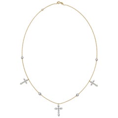 TJD 1.0 Carat Diamond 18 Karat Yellow Gold Vintage Cross Station Necklace