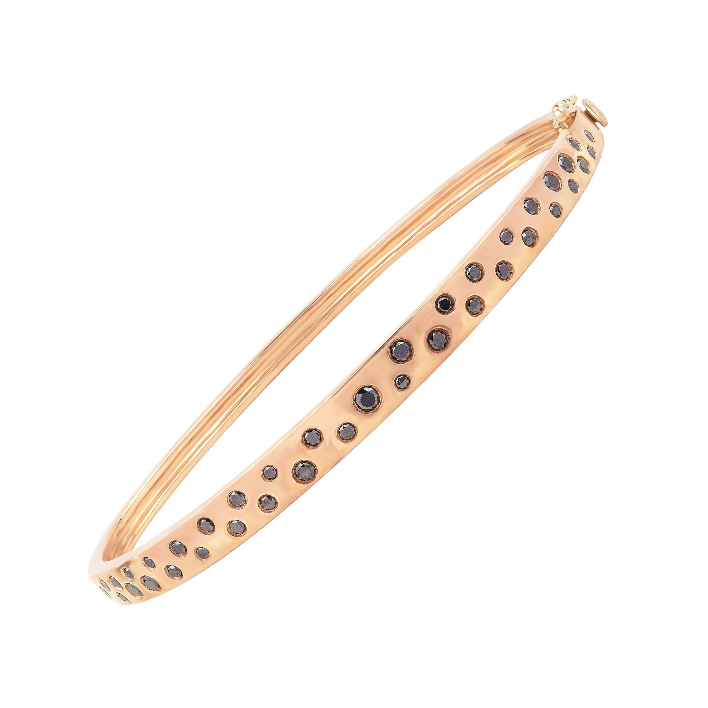 TJD 1.0 Carat Inset Treated Round Black Diamond 18KT Yellow Gold Hinged Bangle For Sale