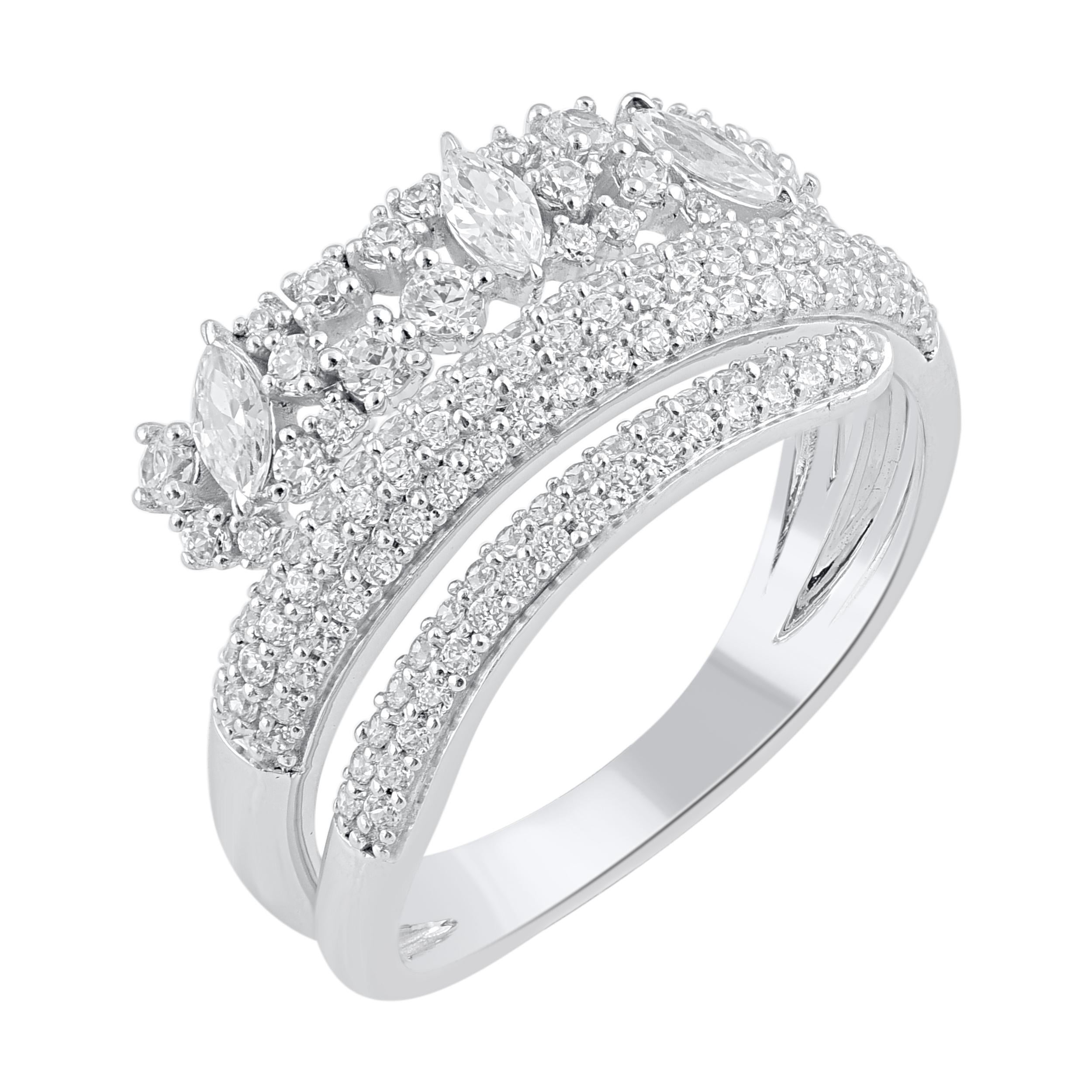 A meaningful symbol of your never ending commitment. The beautiful ring is crafted from 14-karat white gold and features 126 single cut, brilliant cut & marquise diamond set in prong, pave & marquise claw. The white diamonds are graded as H-I color