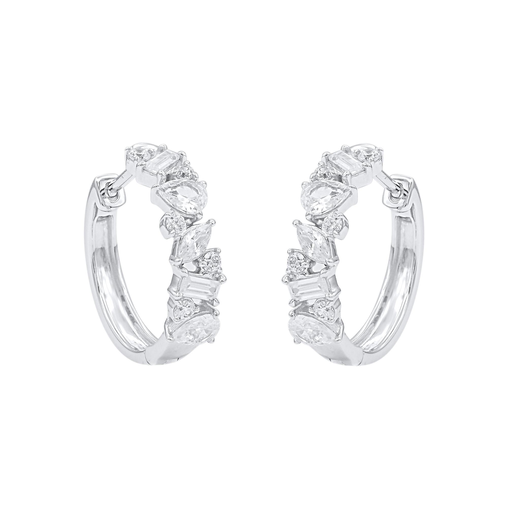 Contemporary TJD 1.0 Carat Multi Shape Natural Diamond 14KT White Gold Huggie Hoop Earrings For Sale