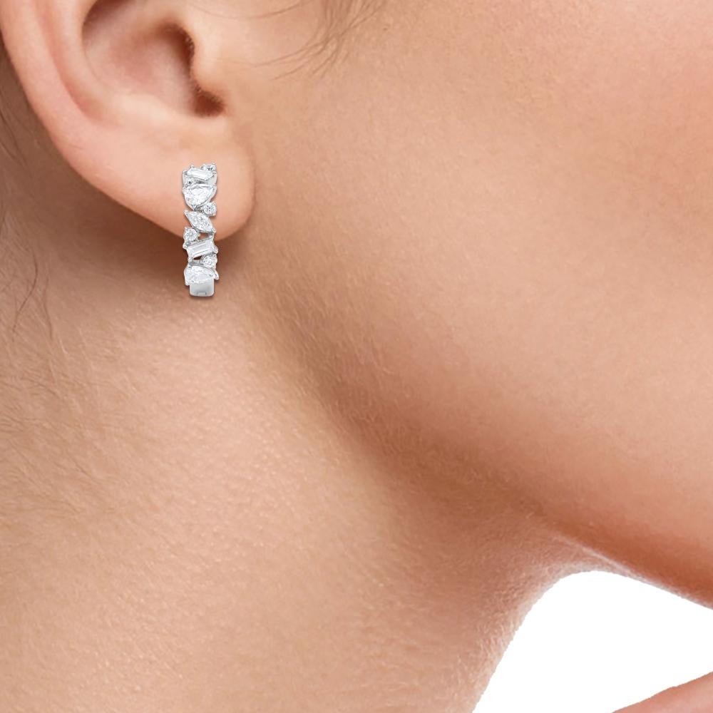 Mixed Cut TJD 1.0 Carat Multi Shape Natural Diamond 14KT White Gold Huggie Hoop Earrings For Sale