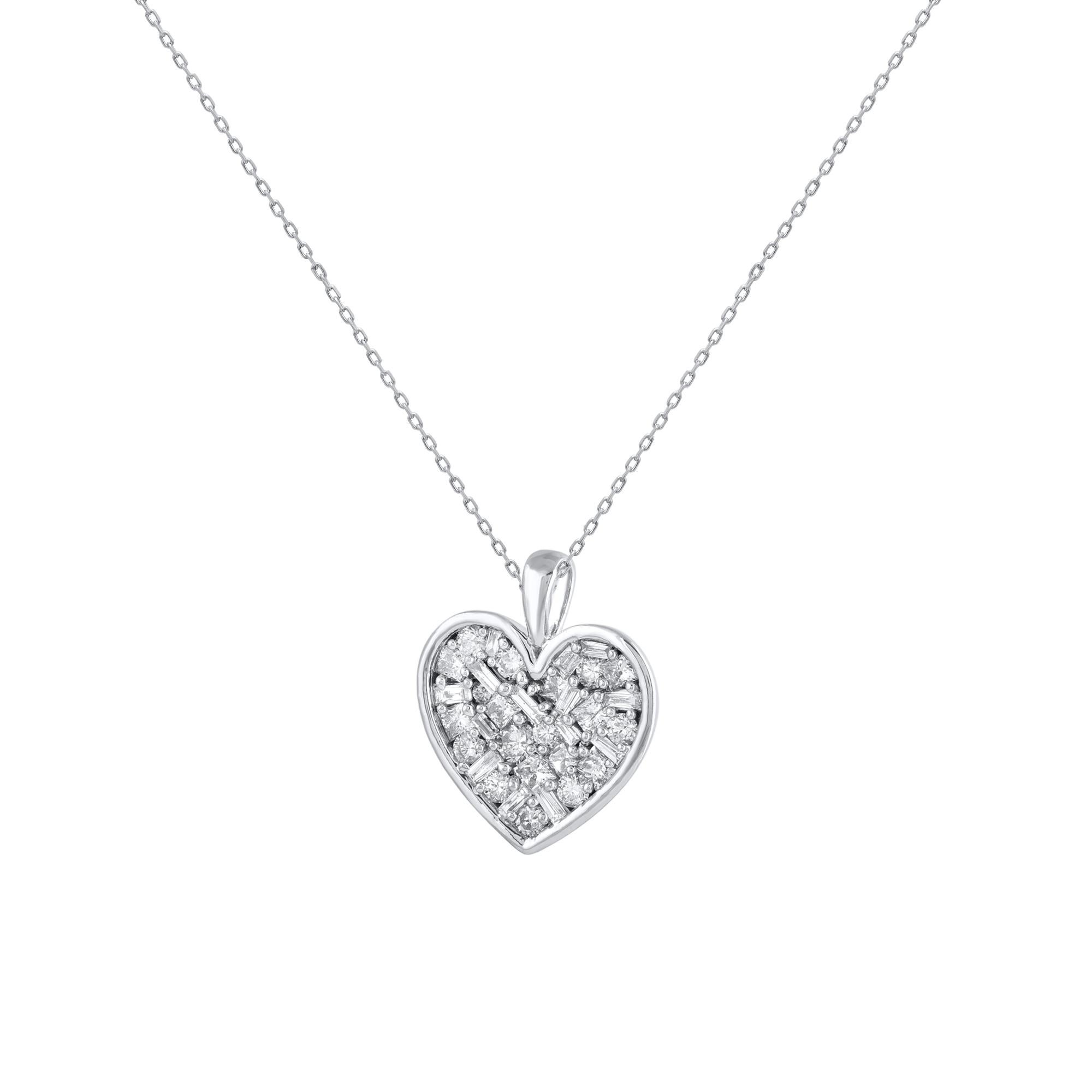 This classic diamond heart is a perfect anytime addition to her wardrobe. These heart pendant are studded with 34 princess cut, brilliant cut & baguette natural diamonds in prong setting. crafted in 14 karat white gold. Diamonds are graded as H-I