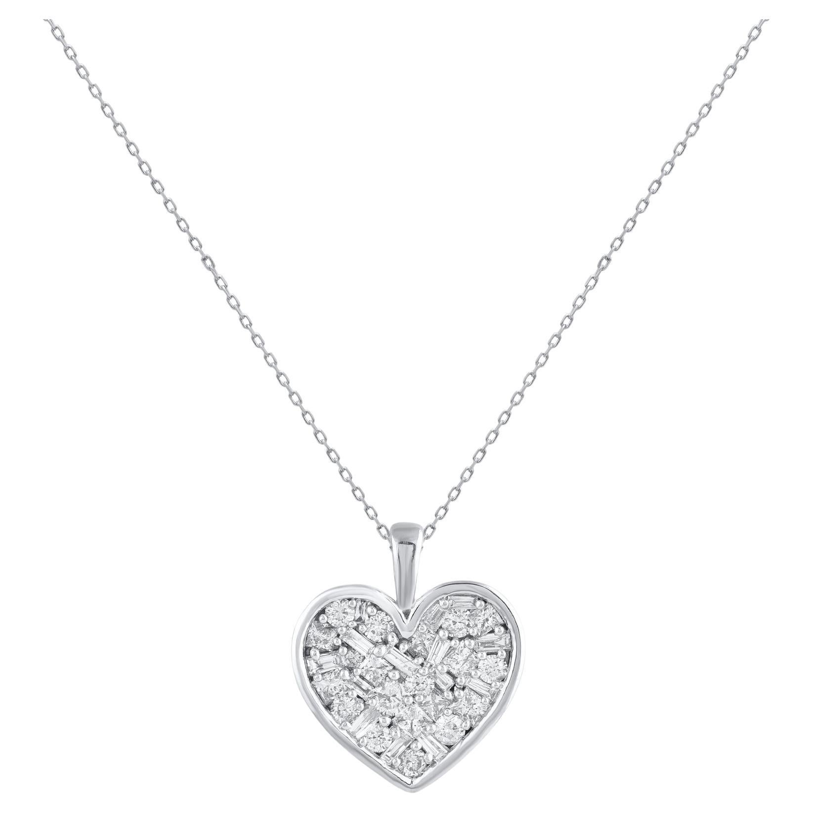 TJD 1.0 Carat Multi Stone Diamond Heart Pendant Necklace in 14 Karat White Gold For Sale
