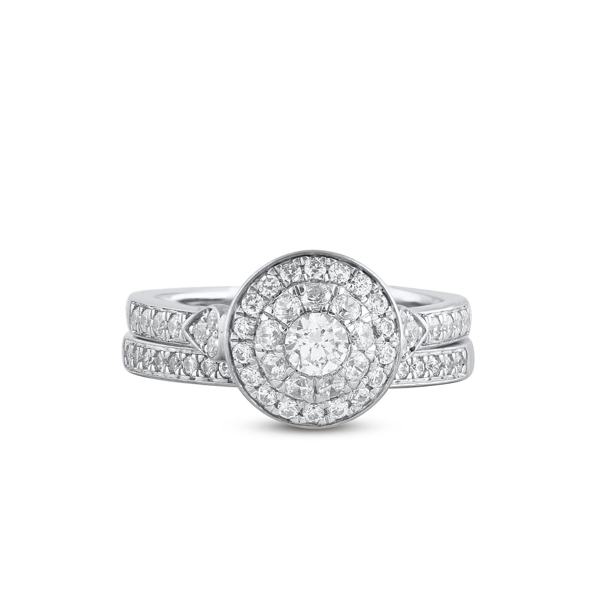 Express your love with this classic and traditional diamond bridal set. Crafted in 14 Karat white gold. This wedding ring features a sparkling 59 brilliant cut round diamonds beautifully set in prong & pave setting. The total diamond weight is 1.0
