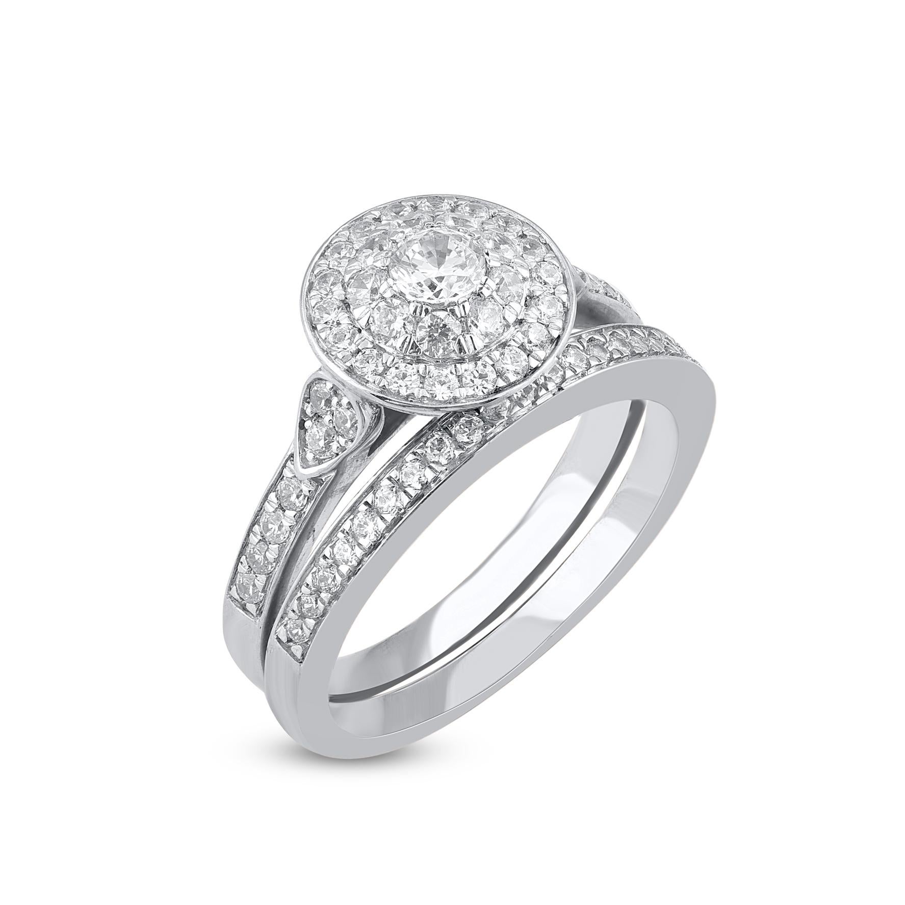 Contemporary TJD 1.0 Carat Natural Brilliant Cut Diamond 14 Karat White Gold Bridal Ring Set For Sale