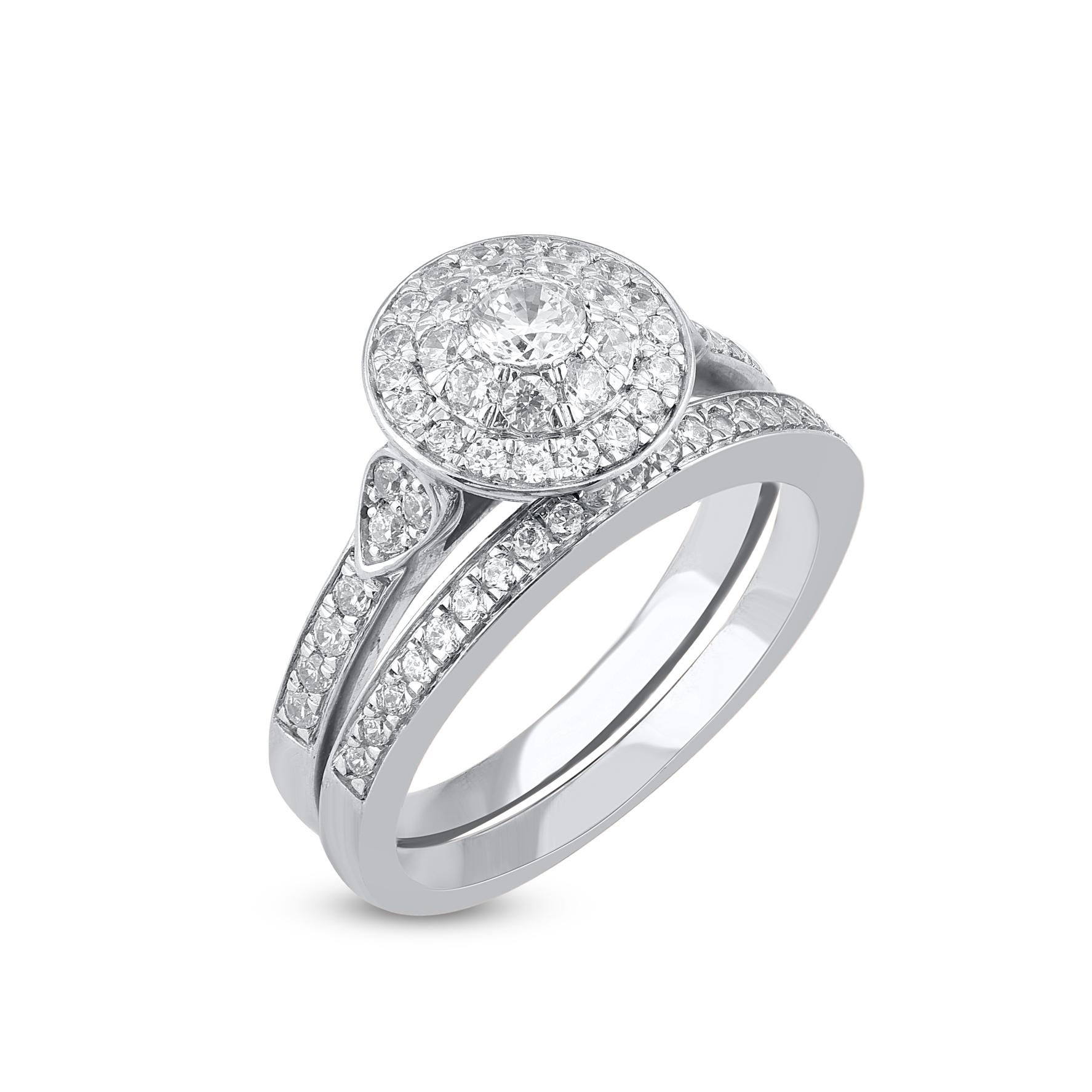 TJD 1,0 Quilate Diamante talla brillante natural Oro Blanco 14 Kilates Juego de Anillos de Novia Contemporáneo en venta