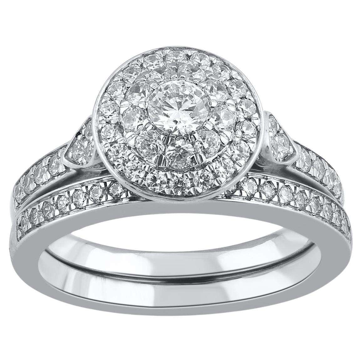 TJD 1.0 Carat Natural Brilliant Cut Diamond 14 Karat White Gold Bridal Ring Set For Sale