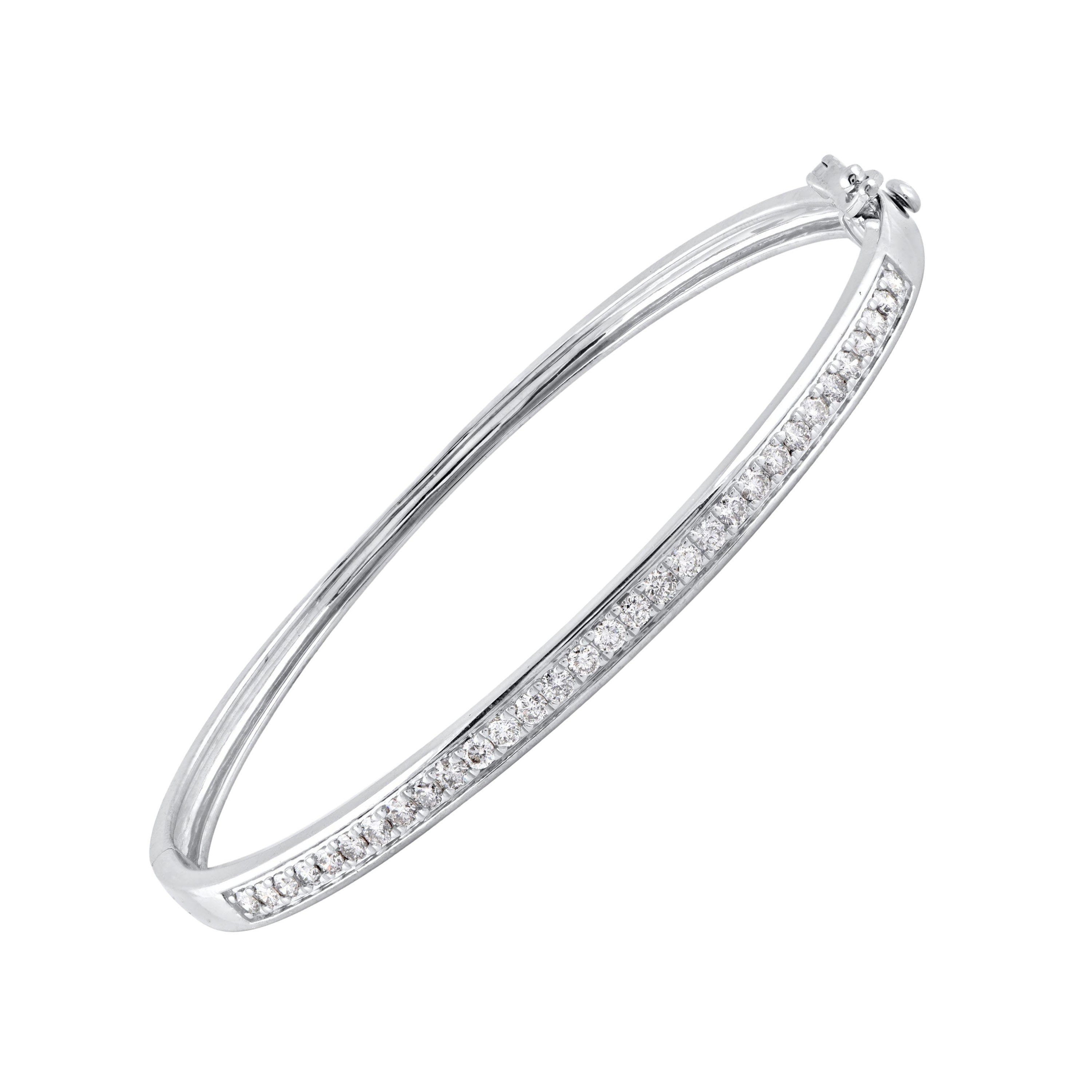 TJD 1.0 Carat Natural Brilliant cut Diamond 14 Karat White Gold Lined Bangle