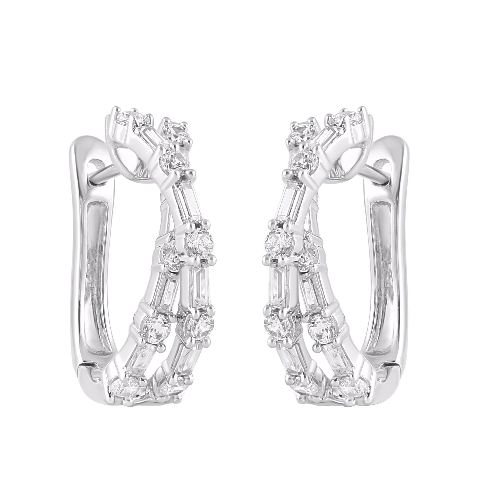 Bring charm to your look with this diamond hoop earrings. This earring is beautifully designed and studded with 36 brilliant cut round diamond and baguette diamonds set in prong setting. We only use natural, 100% conflict free diamonds which shines