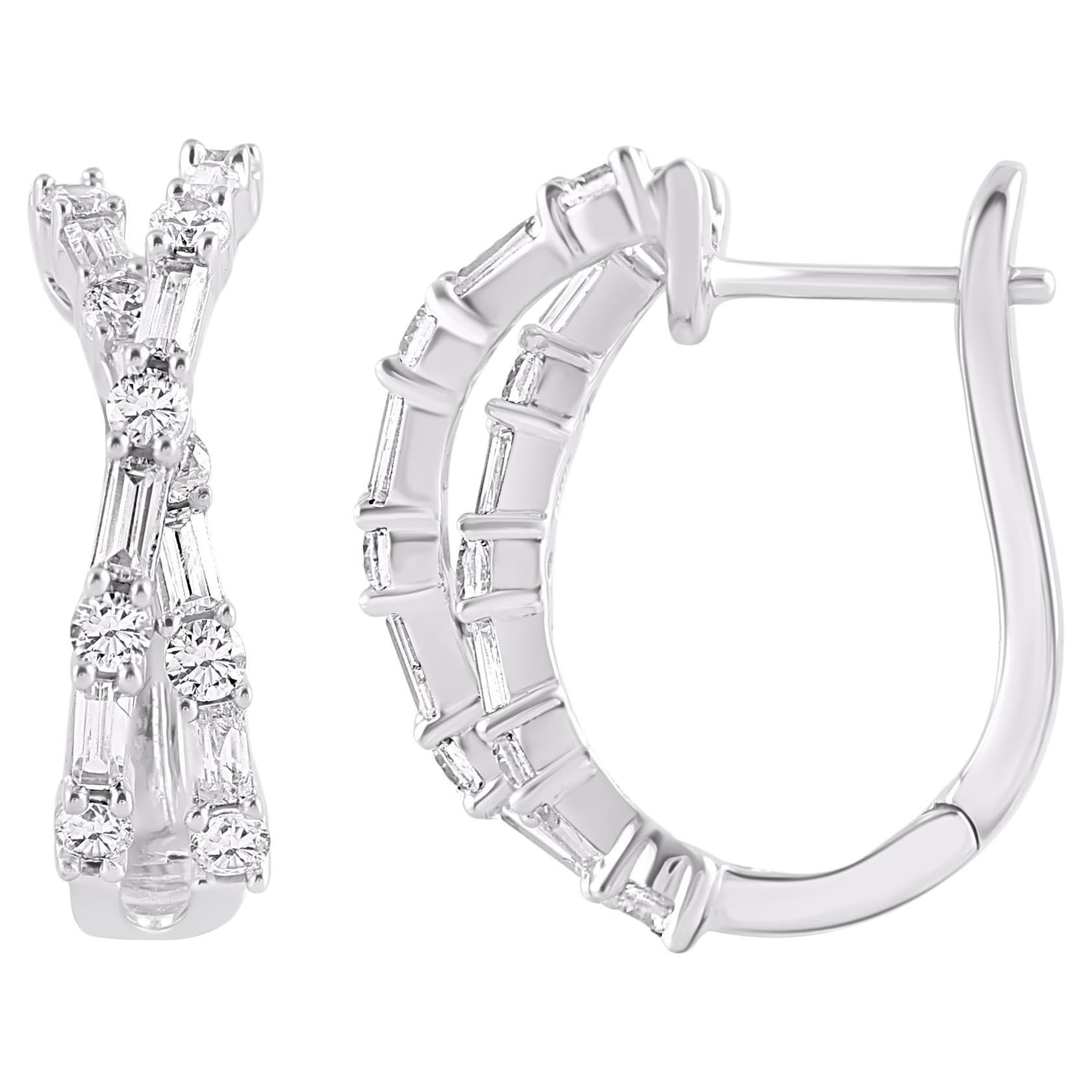 TJD 1.0 Carat Natural Diamond 14 Karat White Gold Huggie Hoop Earrings For Sale