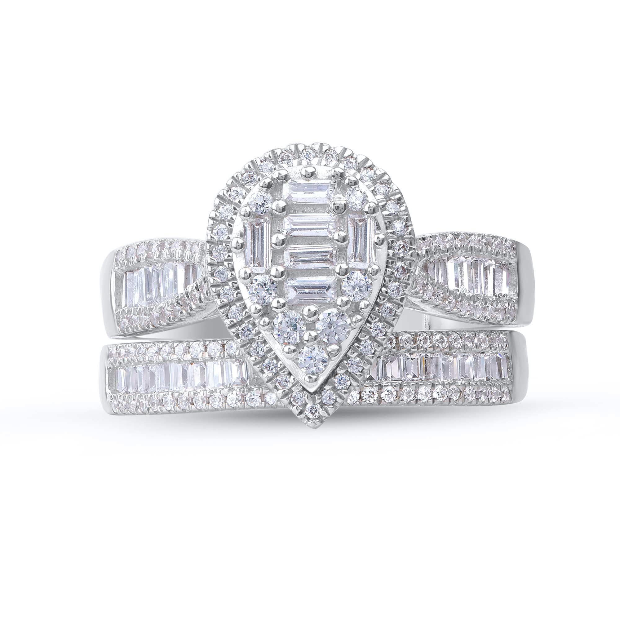 Express your love for her in the most classic way with this diamond ring set. Crafted in 14 Karat white gold. This wedding ring features a sparkling 174 brilliant cut and single cut round diamond and baguette cut diamonds beautifully set in prong