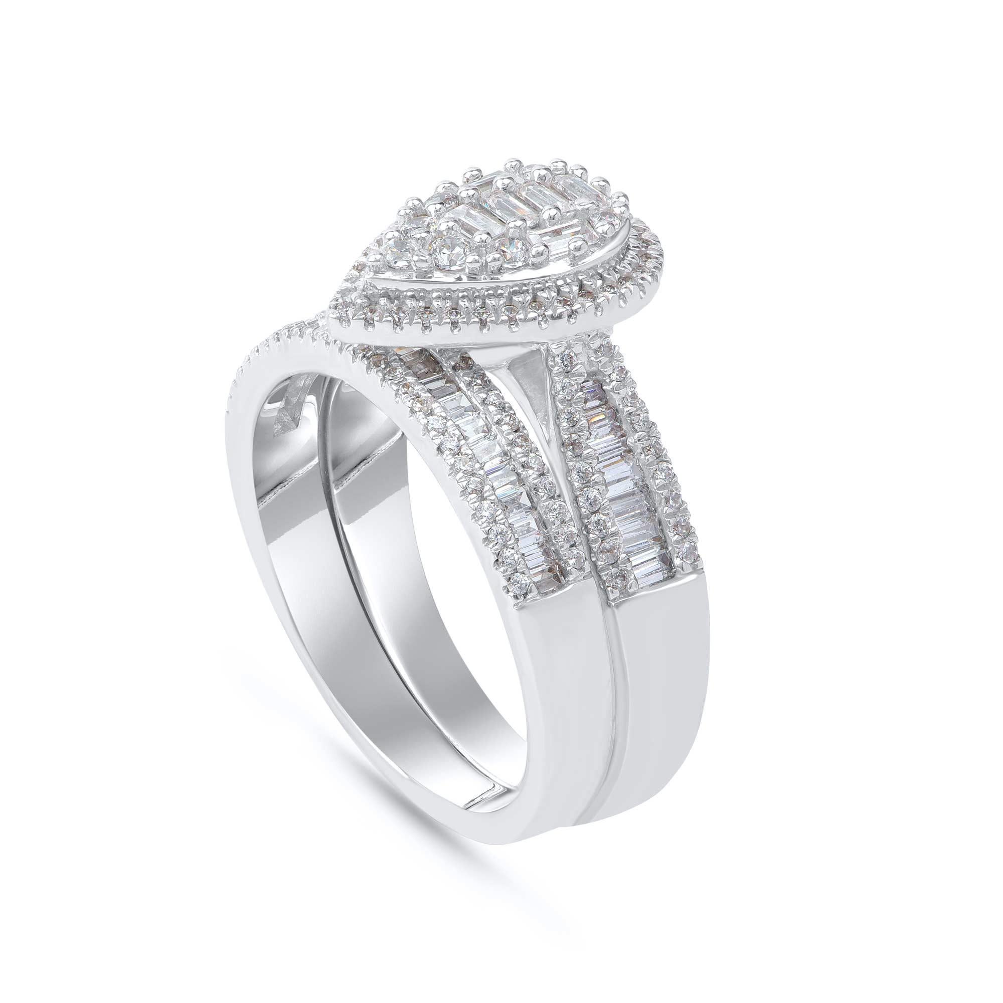 Contemporary TJD 1.0 Carat Natural Diamond 14 Karat White Gold Pear Shape Bridal Ring Set For Sale