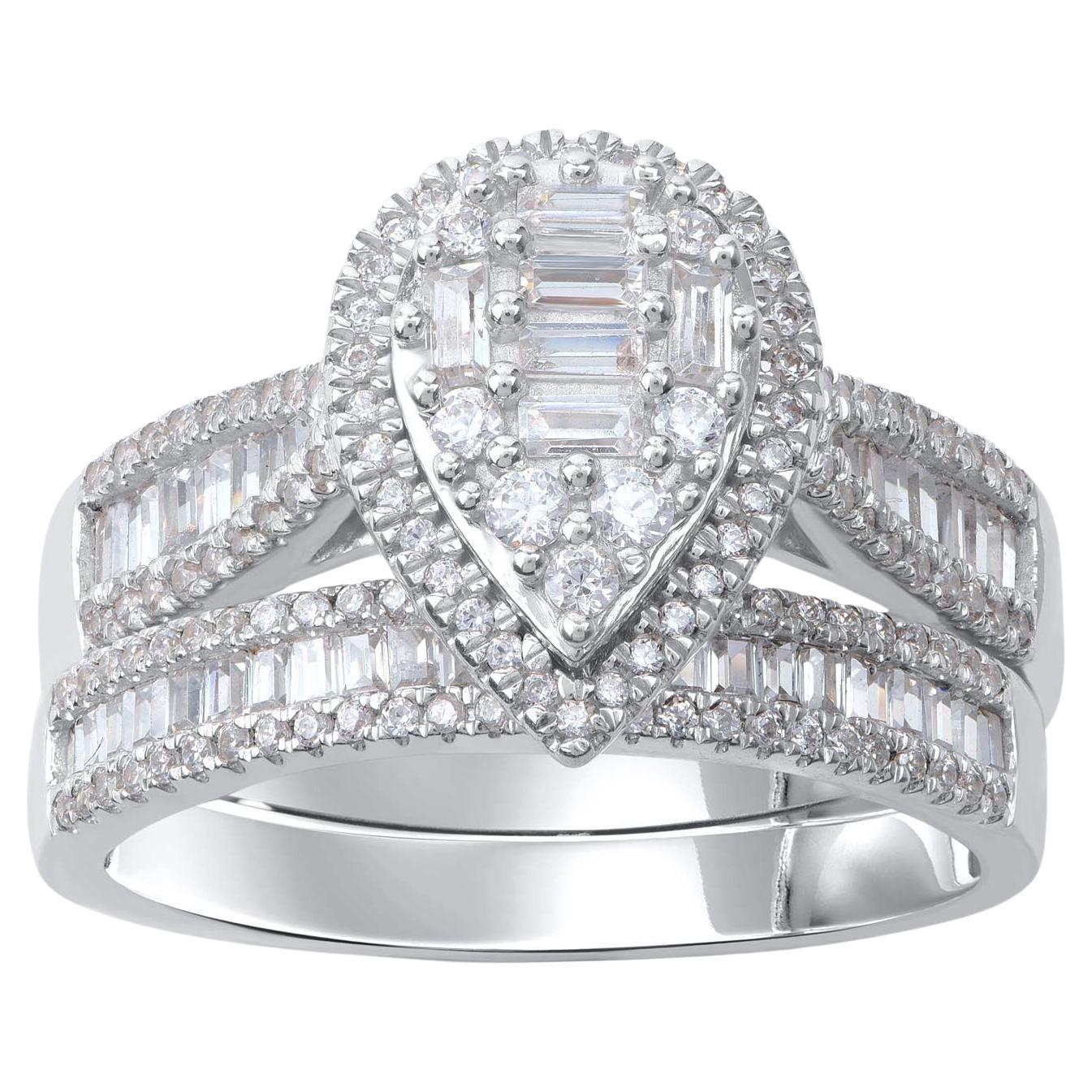TJD 1.0 Carat Natural Diamond 14 Karat White Gold Pear Shape Bridal Ring Set For Sale