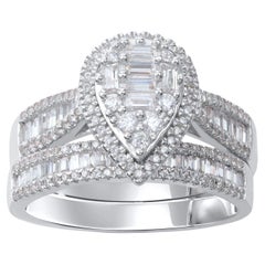 TJD 1.0 Carat Natural Diamond 14 Karat White Gold Pear Shape Bridal Ring Set